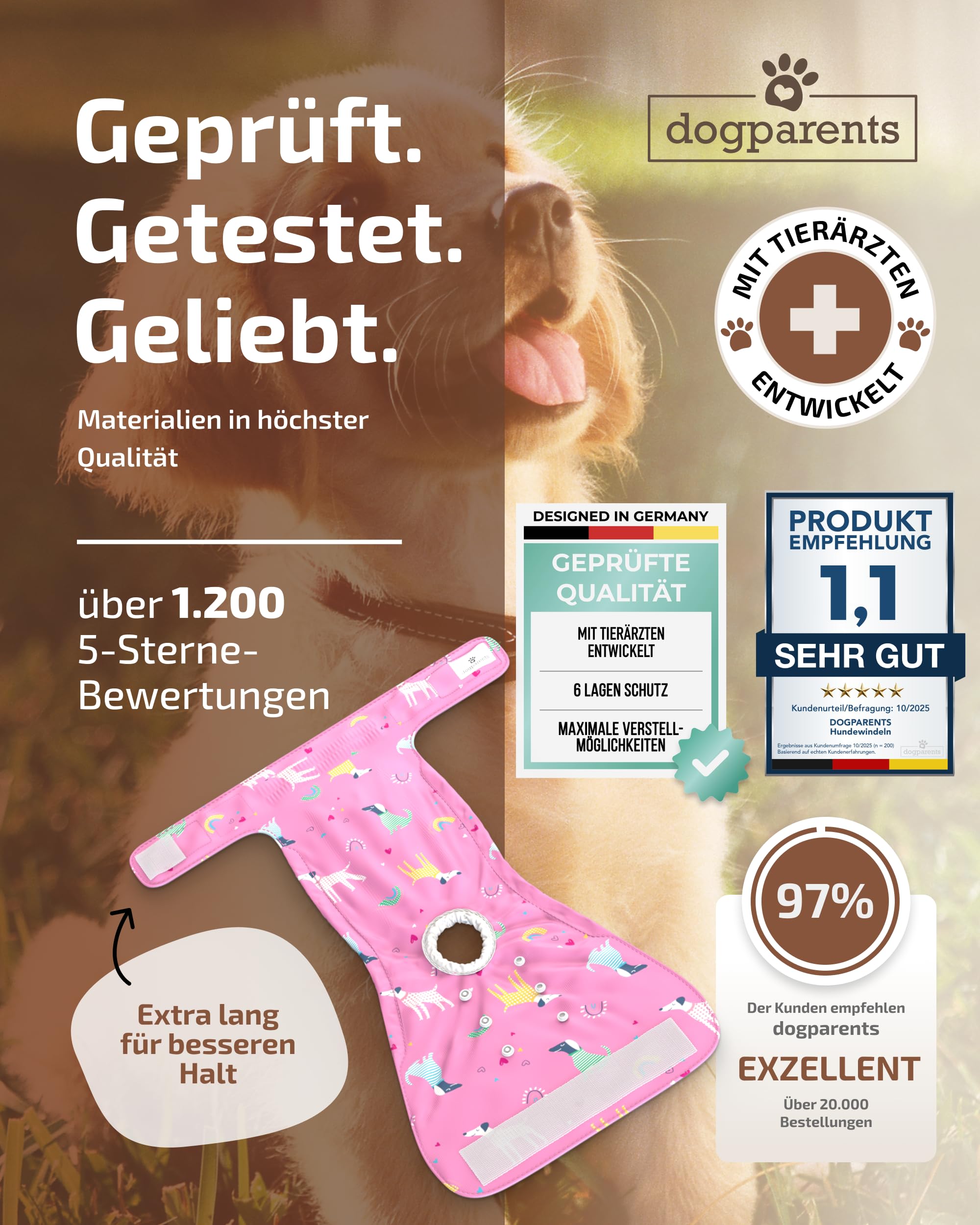 Hundewindeln für Hündinnen, Rüden & Katzen [3 Windeln für Hunde 4-lagiger Kern] Waschbare Läufigkeitshose für Hündinnen [Hundehöschen Läufigkeit & Inkontinenz] (Rosa | Pink | Beige, M, 3, stück)