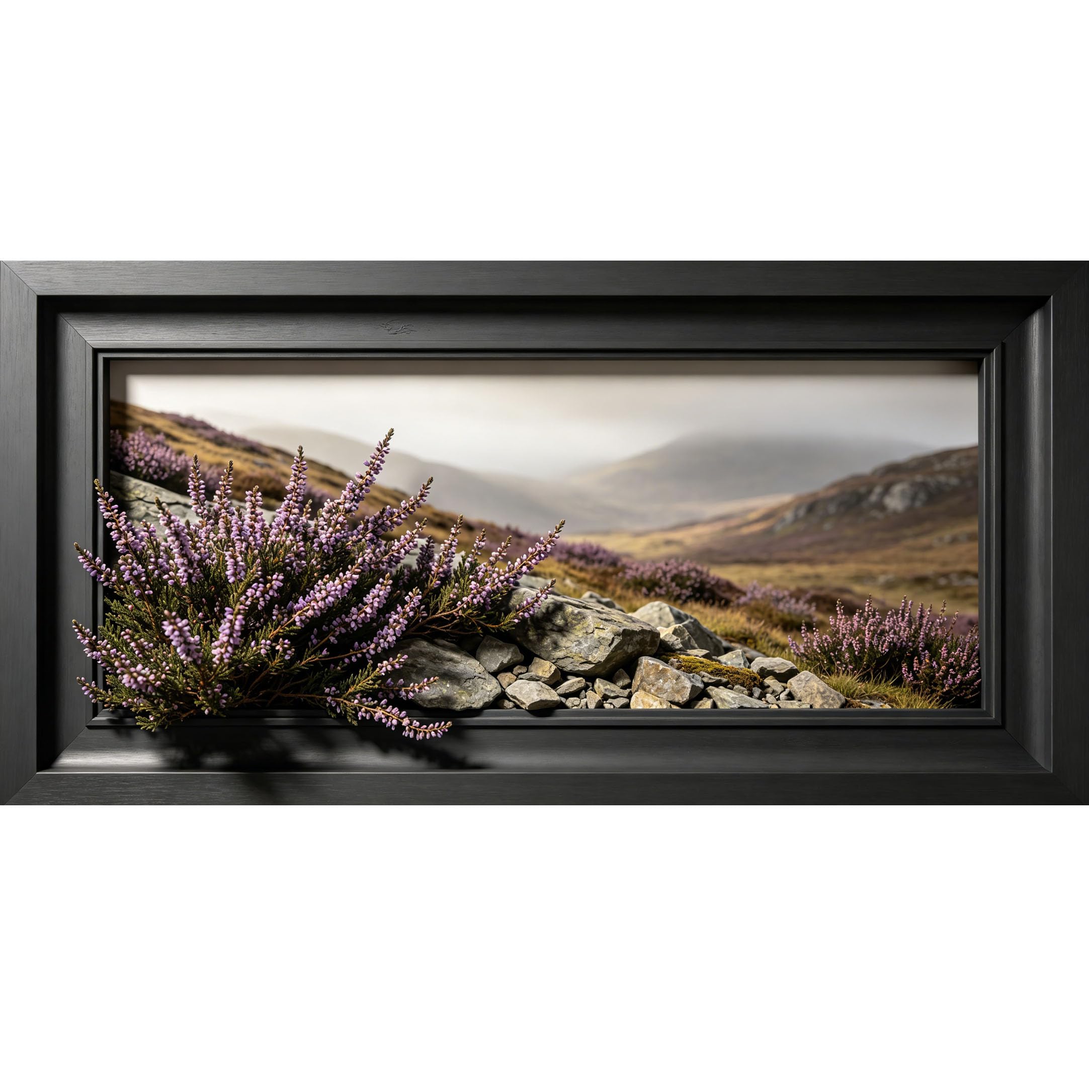 Agglomerix 3D Framed Wall Art Purple Heather Flower Mountain Landscape Trompe l'oeil Large Size SelfAdhesive Removable Wall Decor Prints Artwork for Living Room Bedroom Office