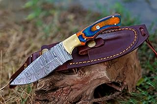 Damascus Hunting Fixed Blade Knife Bushcraft Skinner Knife Outdoor Damascus Camping knifes with Leather sheath - Handcraft Goods