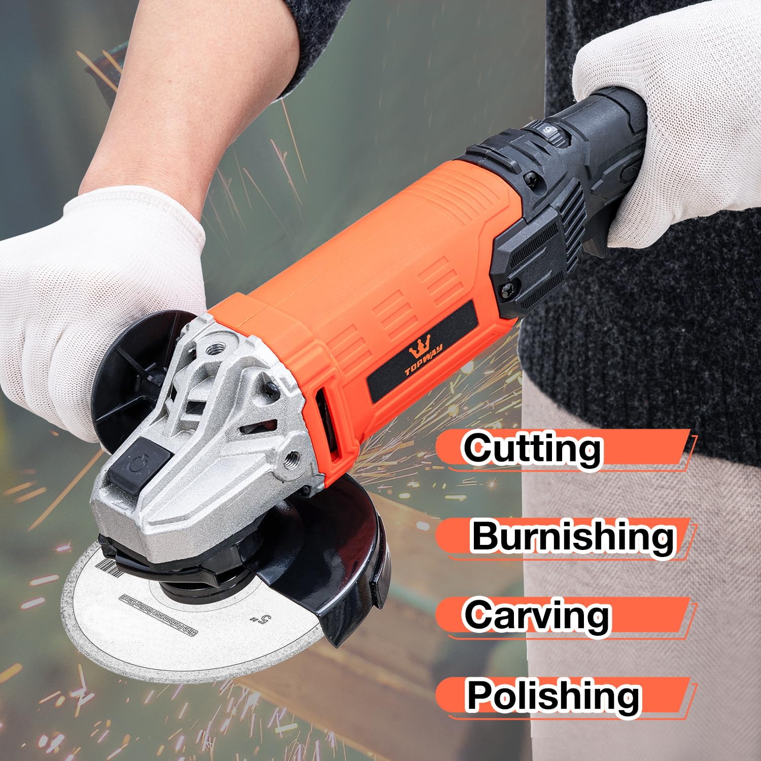 Smerigliatrice angolare con filo TOPWAY 115 mm / 125 mm 1200W, 6 velocità variabili, per fai da te e lavori leggeri, muratura, calcestruzzo, piastrelle, metallo e acciaio (Gamma economica)
