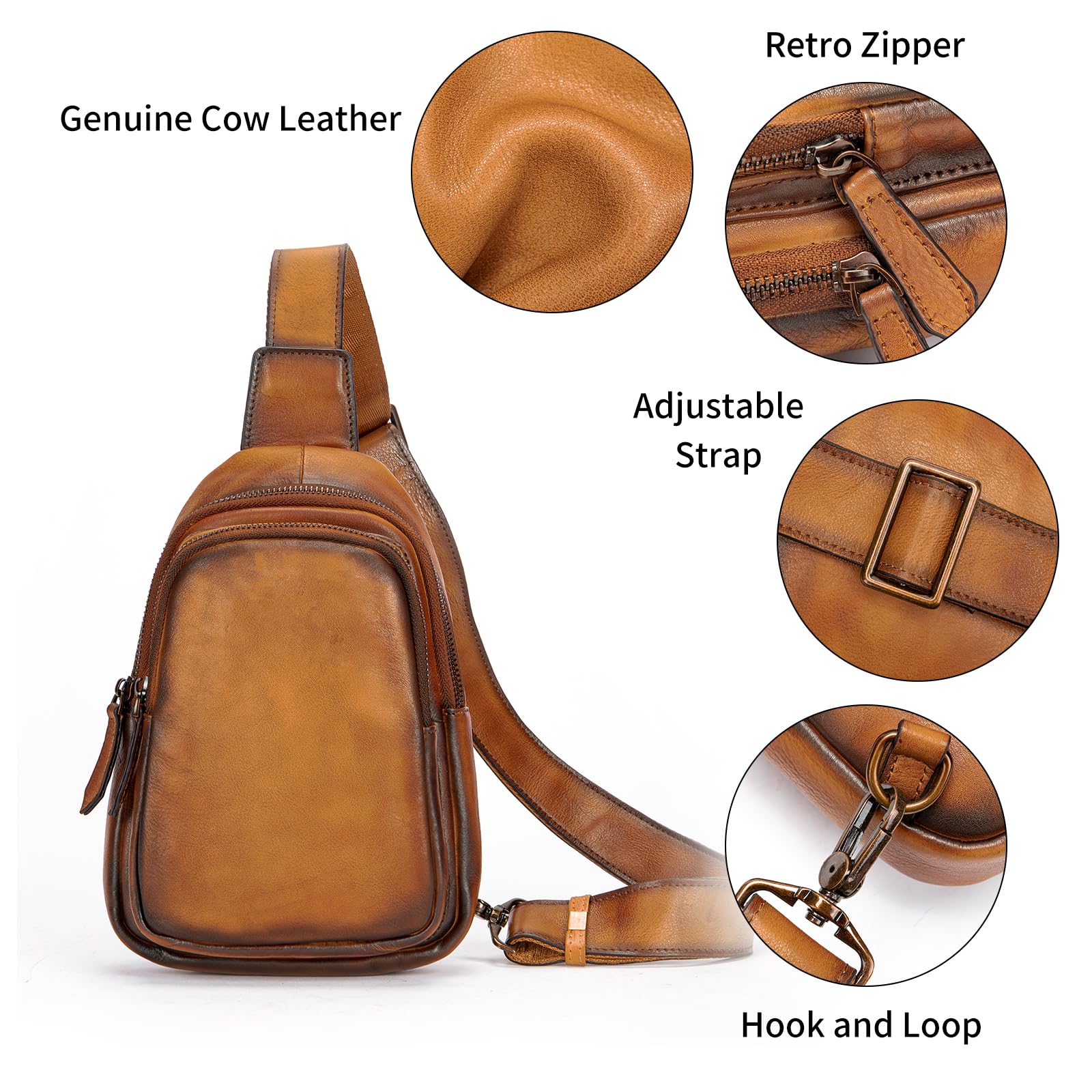 NIUCUNZH Genuine Leather Sling Bag, Handmade Vintage Crossbody Shoulder Bags Small Travel Pack for Women and Men Brown