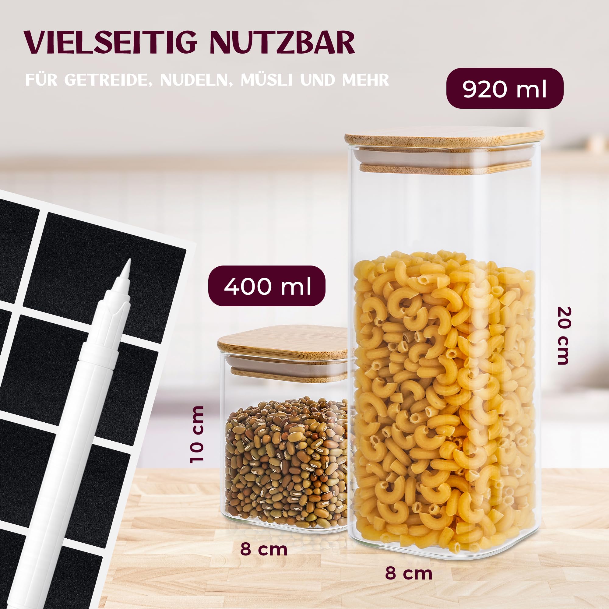 Premium Vorratsgläser eckig [400 & 920 ml] Extra Robust | Vorratsdosen Glas mit Deckel | Vorratsbehälter | Vorratsgläser mit Deckel luftdicht | Vorratsglas mit Holzdeckel | Glass Jars