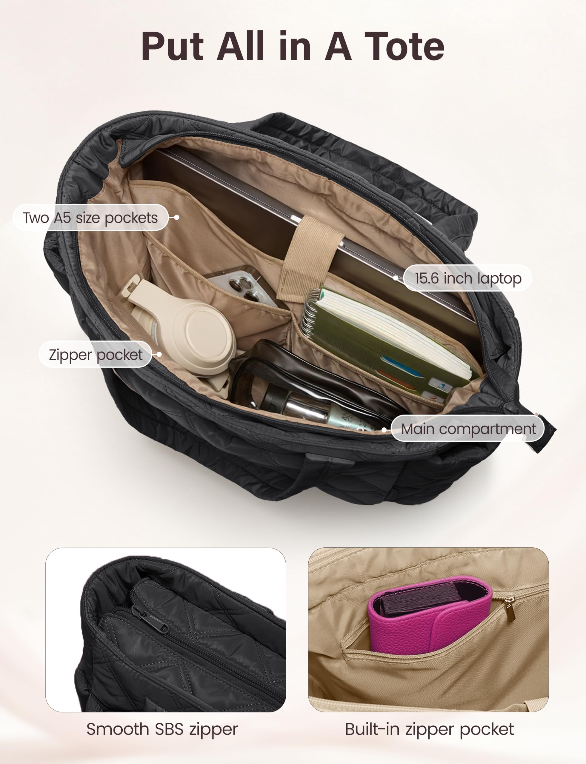 Uselike Bolsa de mano para mujer, ligera, acolchada, con compartimentos para viajes, bolsa de hombro acolchada con cremallera