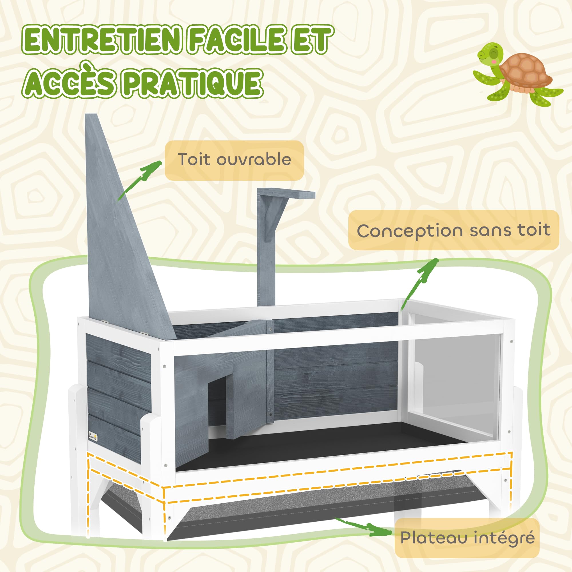PawHut Casa para tortugas sobre patas de 2 zonas - Terrario para tortugas terrestres con techo corredizo y zona interactiva - recinto 90 cm, soporte lámpara, vista panorámica y estante - gris | Terrario Tortuga Terrestre, Techo Abatible, Zona Interactiva,