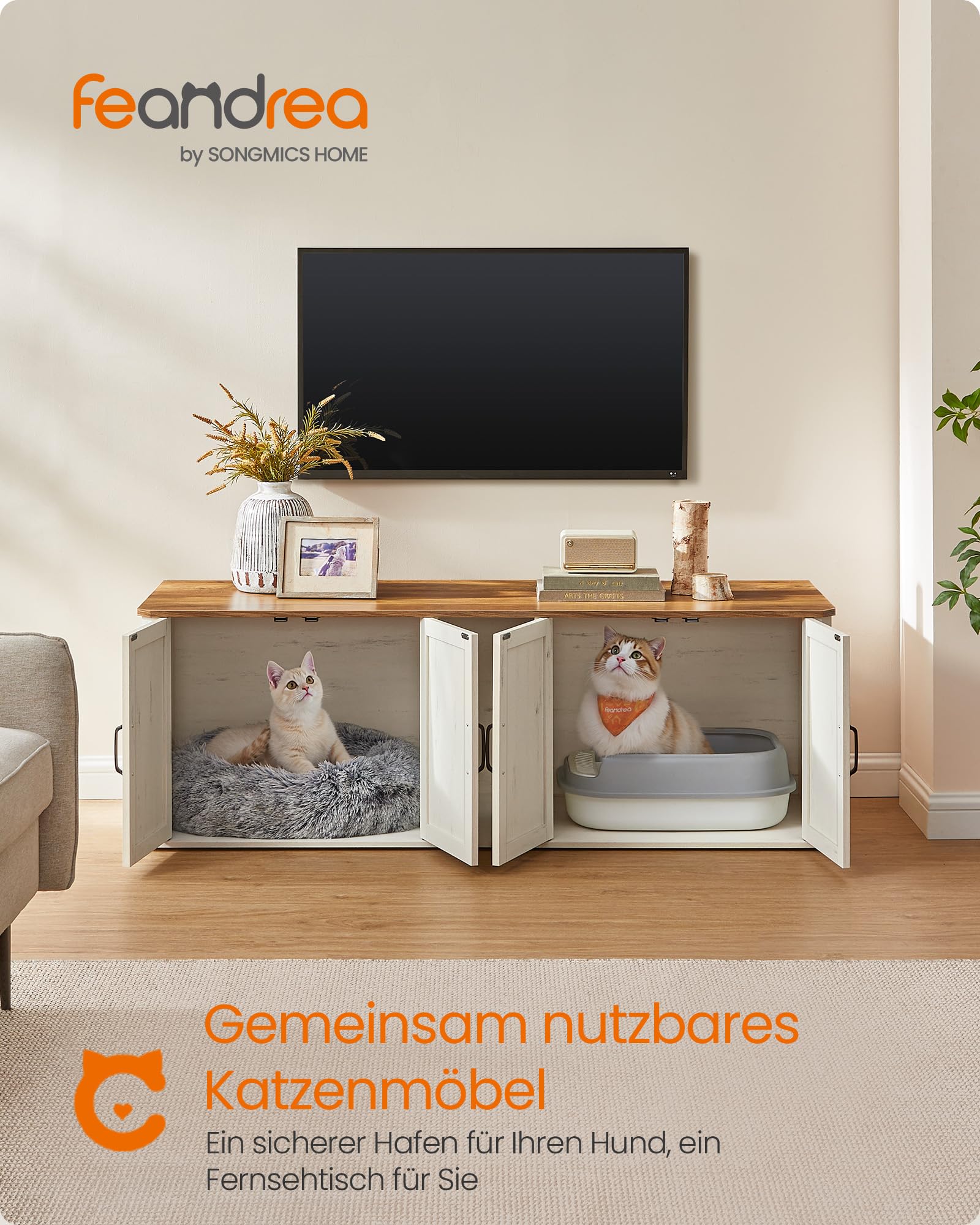 Feandrea Katzenklo-Schrank, Moderne Katzentoilette, Katzenhaus, Vordereingang, Beistelltisch, TV-Schrank, 145,6 x 48,5 x 50 cm, honigbraun-vintageweiß PCL010K01