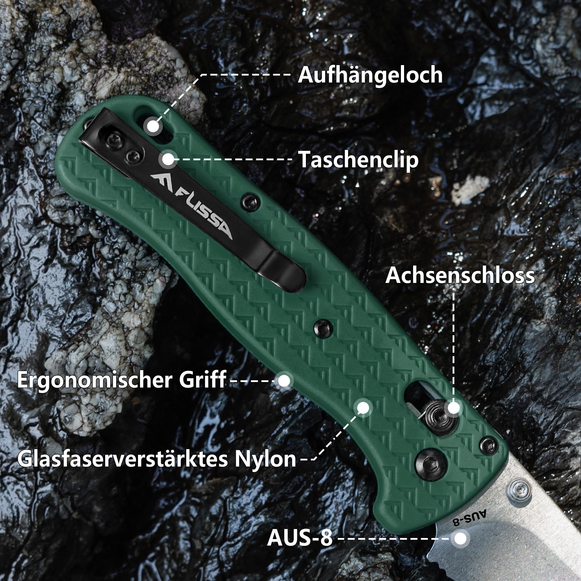 FLISSA Taschenmesser Klappmesser, AUS-8 Edelstahl, Scharfes Outdoor Messer mit Taschenclip, Klappbares Taschenmesser EDC Messer für Outdoor Jagd Camping, Grün