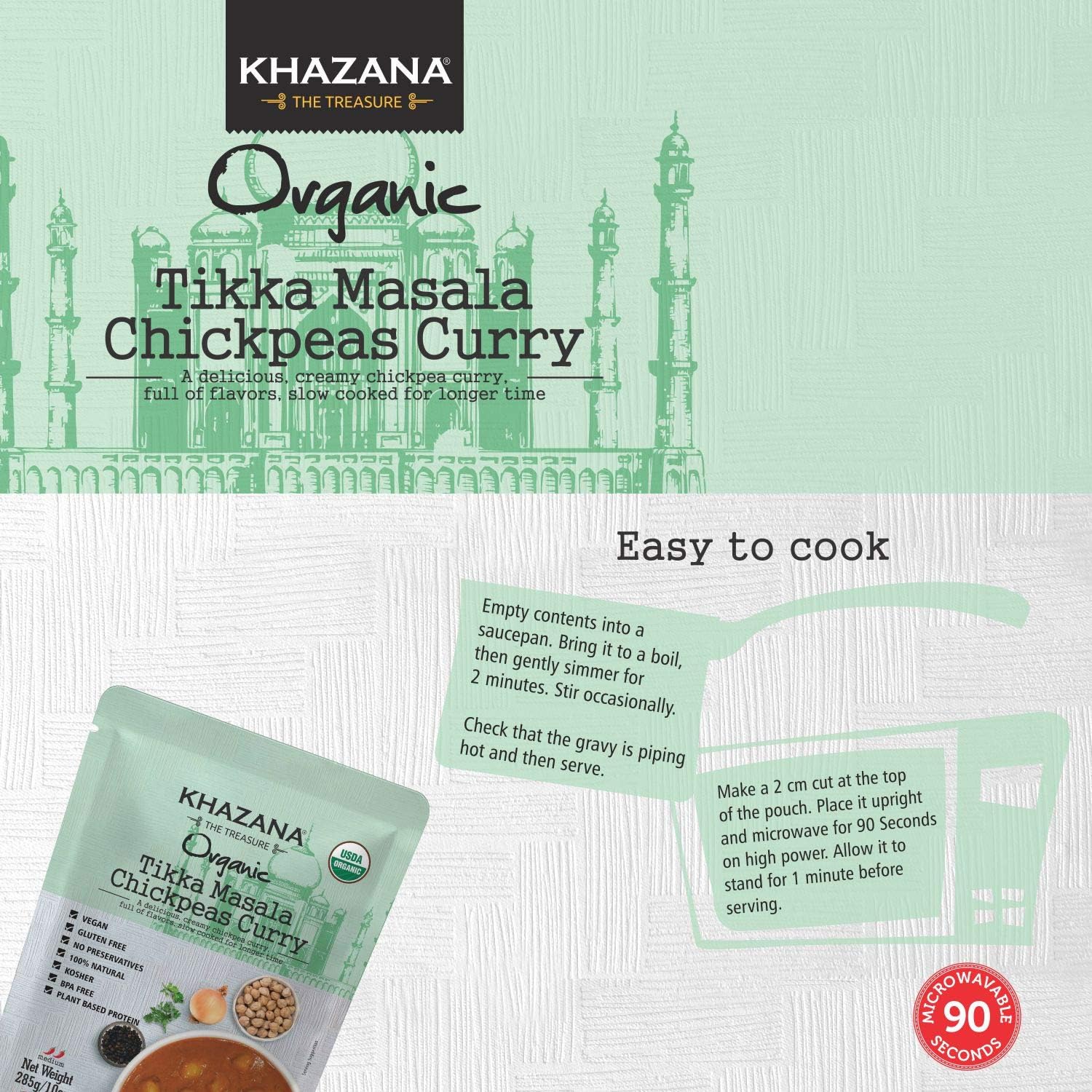 Khazana Organic Ready to Eat Meals - Tikka Masala Chickpeas Curry (Pack of 6, 10oz Pouches) - Non-GMO, Vegan, Gluten Free & Kosher - Authentic Indian Cuisine in 90 Seconds! thumbnail 5