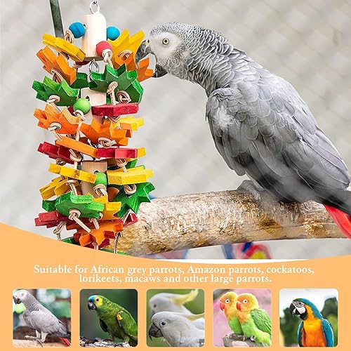 Parrot Chewing Toy for Large and Small Birds - Natural Wood Block With Multicolored Maple Leaf Design, Beak Trimming for African Grey Cockatoos and Amazon Parrots