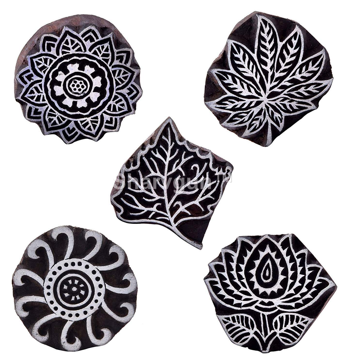 Sharvgun Lote de 5 sellos de madera hechos a mano decorativos WOD para impresión de arcilla, alfarero, manualidades, álbumes de recortes, bloque de impresión de madera, tallados a mano, sellos de