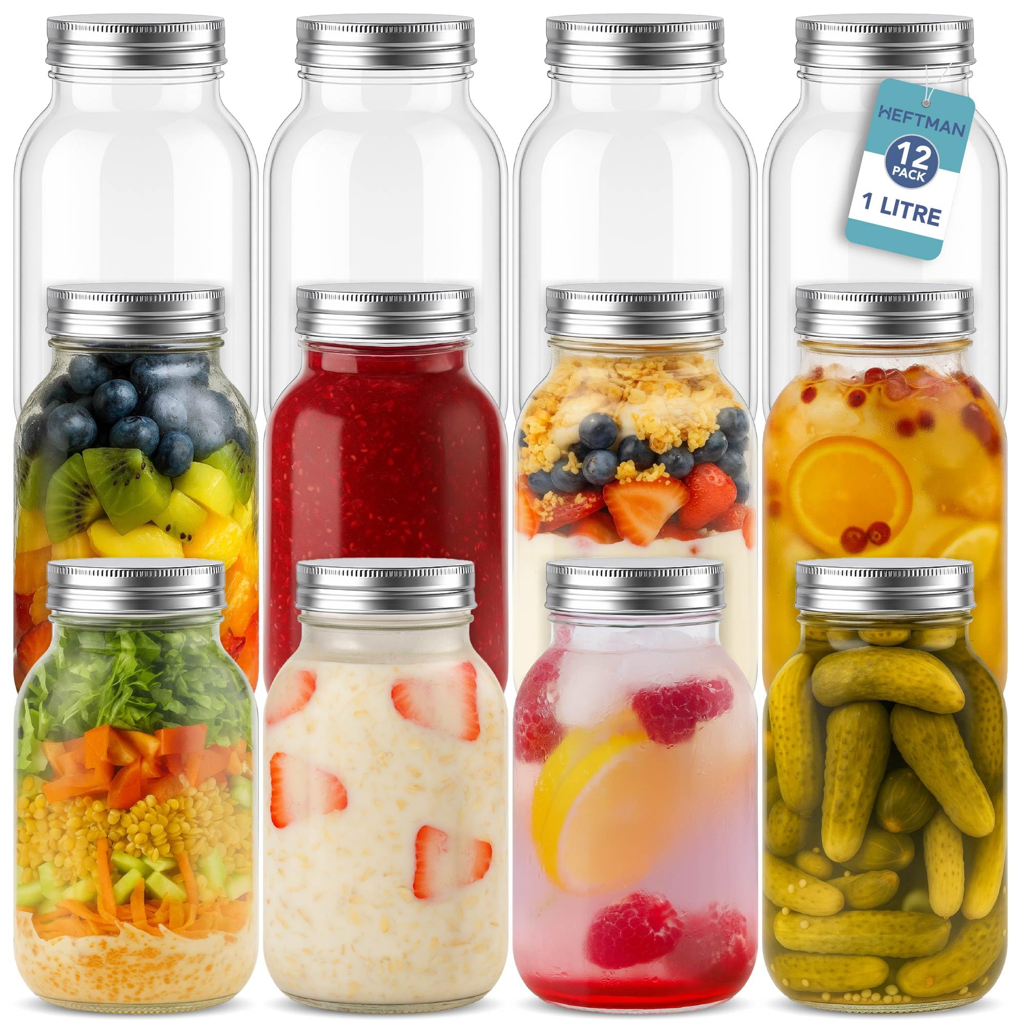 Glass Mason Jars with Lids 1L - Set of 12 Large Air Tight Jars for Overnight Oats, Homemade Jam, Food Storage, Meal Prep, Pickling, Preserving - Mason Jar 12 PCS (1 Litre)