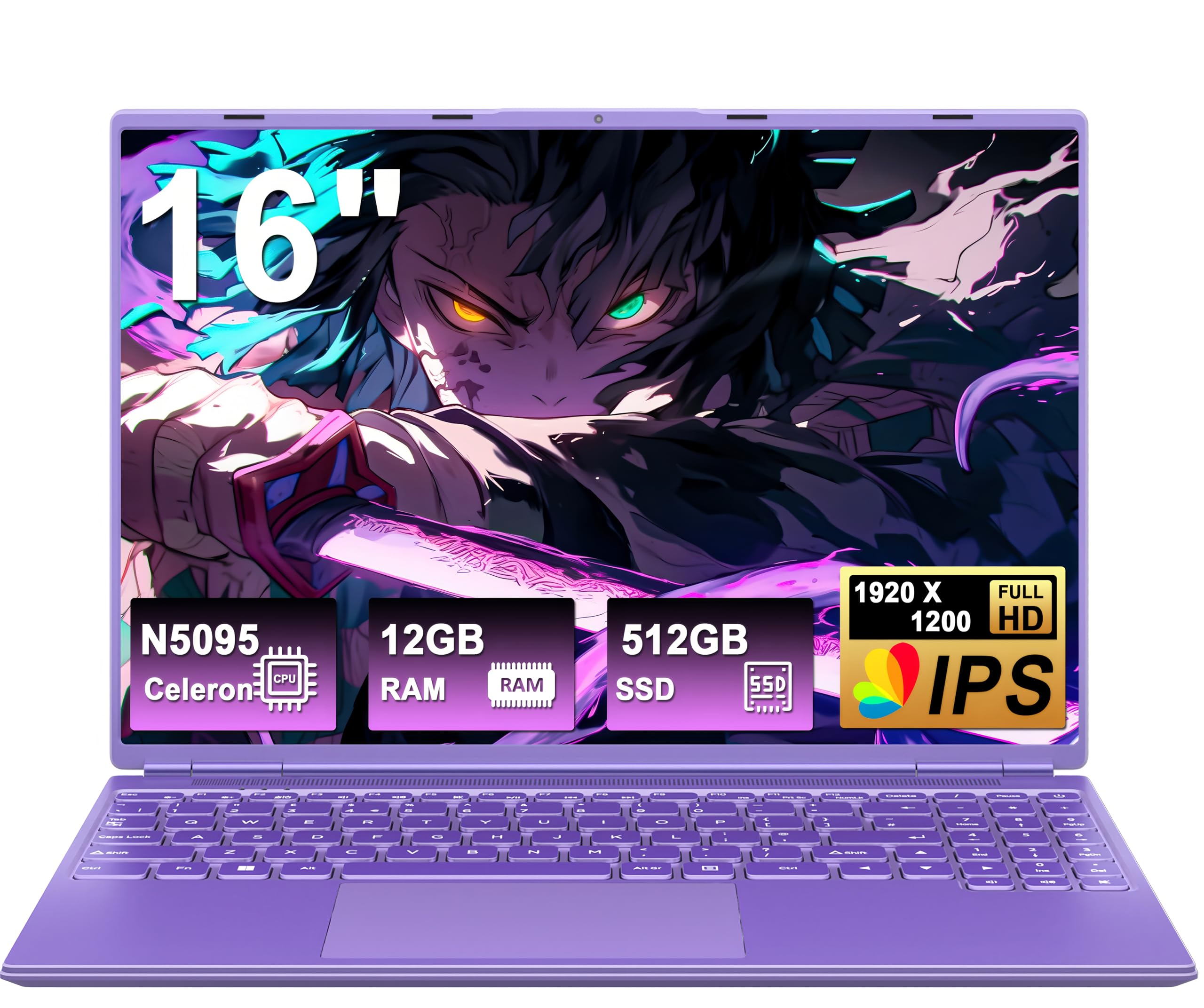 NOTODD Ordinateur Portable 16 Pouces, 4 cœurs Celeron N5095 (jusqu'à 2,9 GHz) 12+512GB SSD Soutien Extension 1TB,PC Portable Gamer Win11 avec 5G WiFi 1920x1200 BT4.2 AZERTY Clavier Couverture-Violet