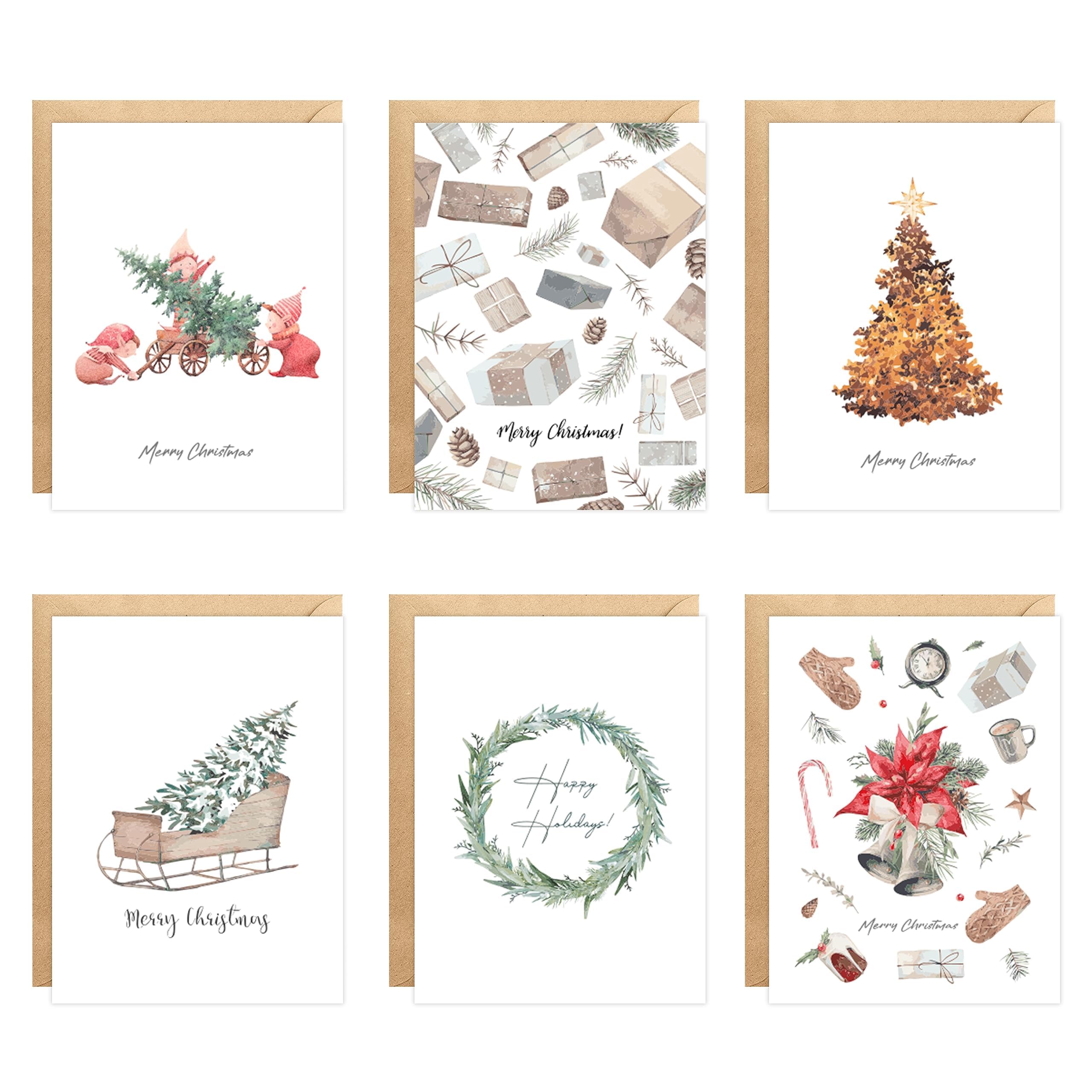easykart labels 120 Christmas Cards Assortment with Envelopes & Sealing Stickers, Christmas Boho Theme 6 Designs, 5.75" x 4.25" For Friends, Family and loved Ones