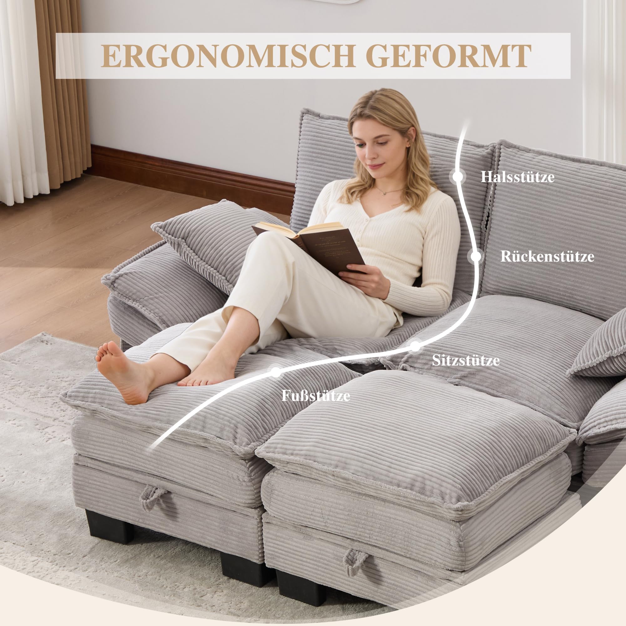 Modułowa sofa 2-osobowa z 2 taboretami, ergonomiczna szerokość siedziska z przyłączem C, sofa do salonu z bocznymi kieszeniami, do salonu, kolor jasnoszary
