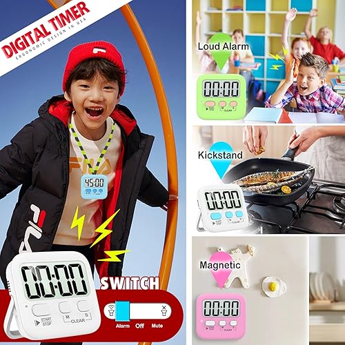 Miniatura 33 de Antonki Paquete de 2 temporizadores digitales para niños, temporizadores de cocina magnéticos de cuenta regresiva para cocinar, huevos, aula, 2 x