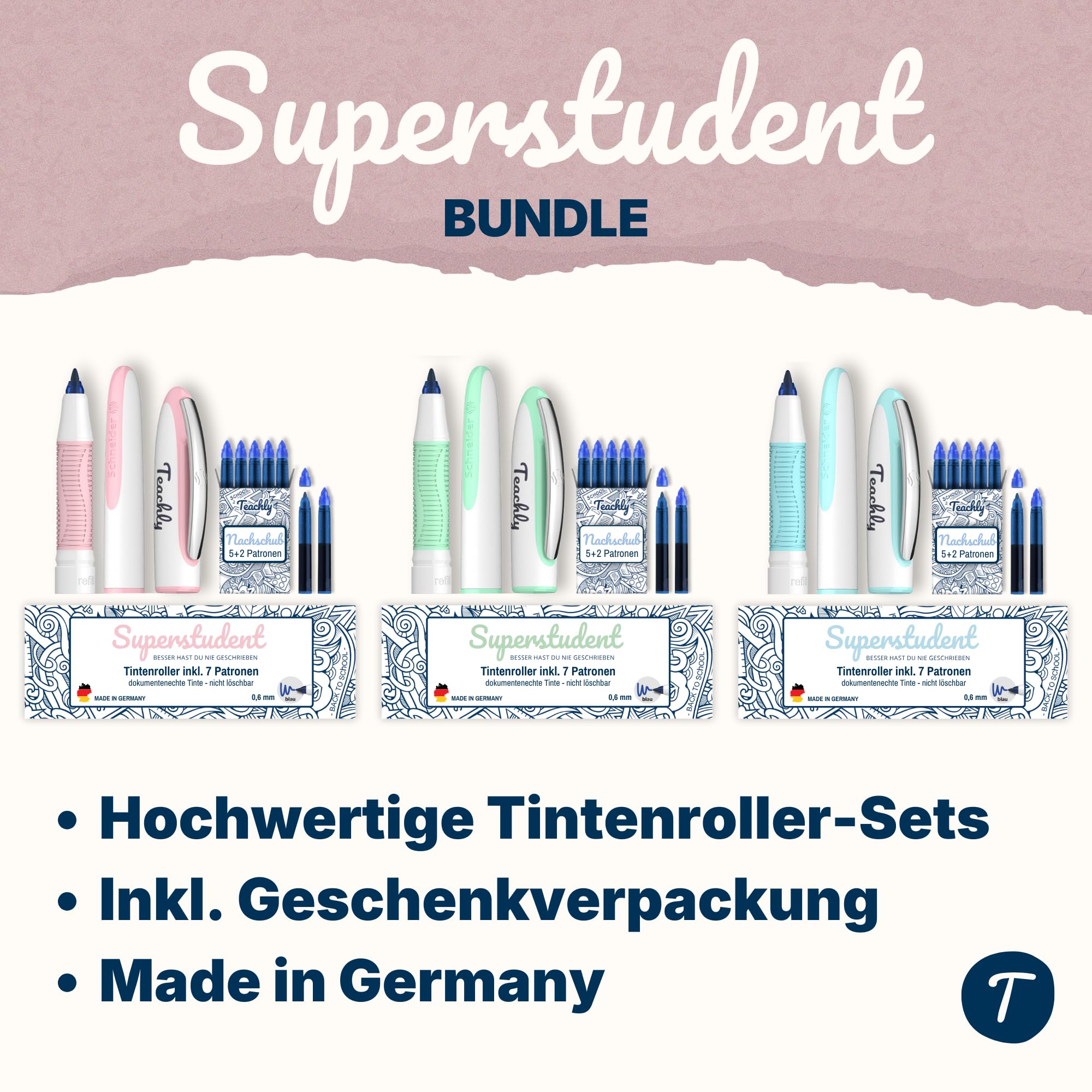 Teachly Bundle 3 x Tintenroller Superstudent (Rosé-, Mint- & Türkis-Set) - Inkl. 7 Tintenpatronen (Blau) je Set