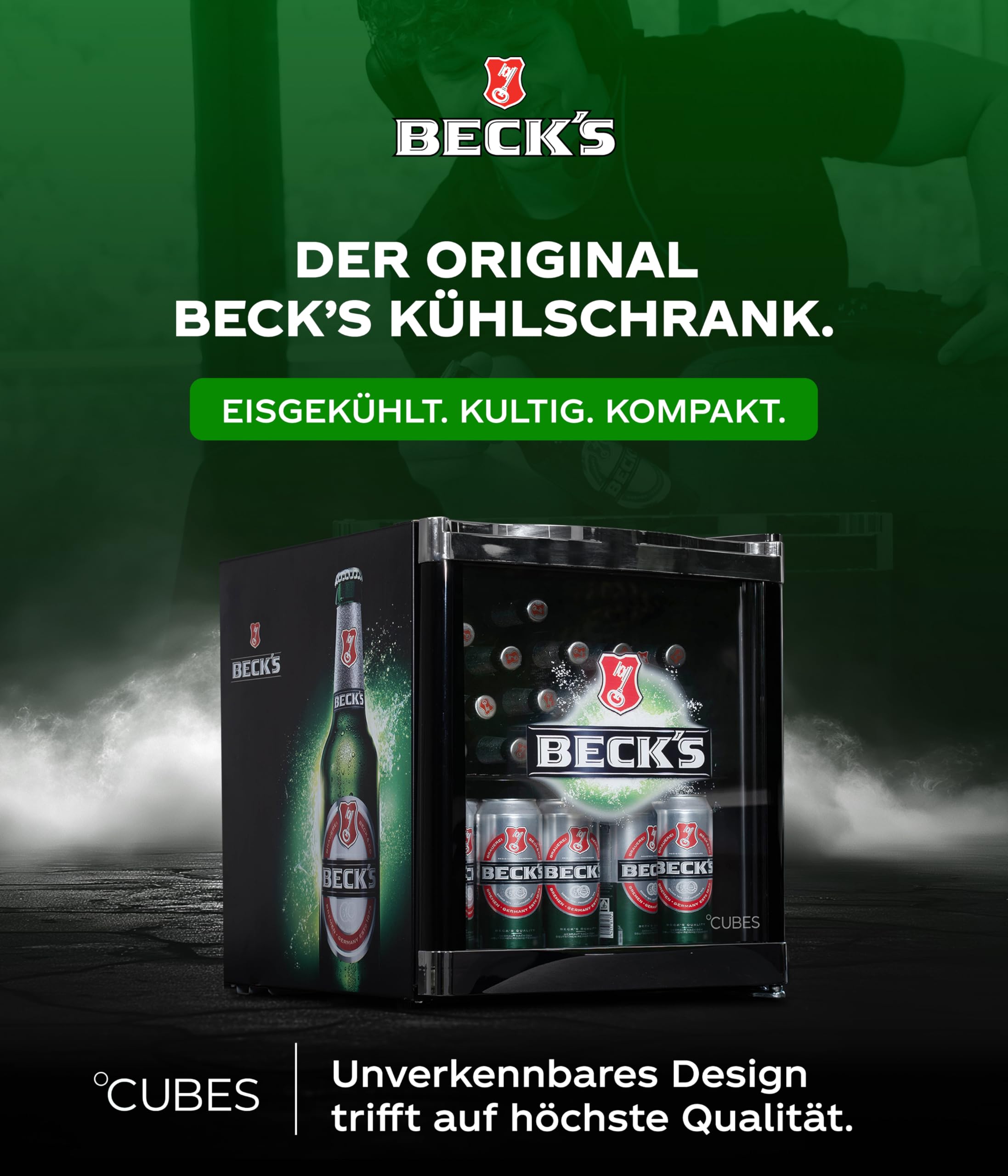 BECK’S Mini Getränkekühlschrank 48L Schwarz Grün Kompakter Flaschenkühlschrank Glastür wechselbarer Türanschlag Leise energieeffizient Getränkekühler