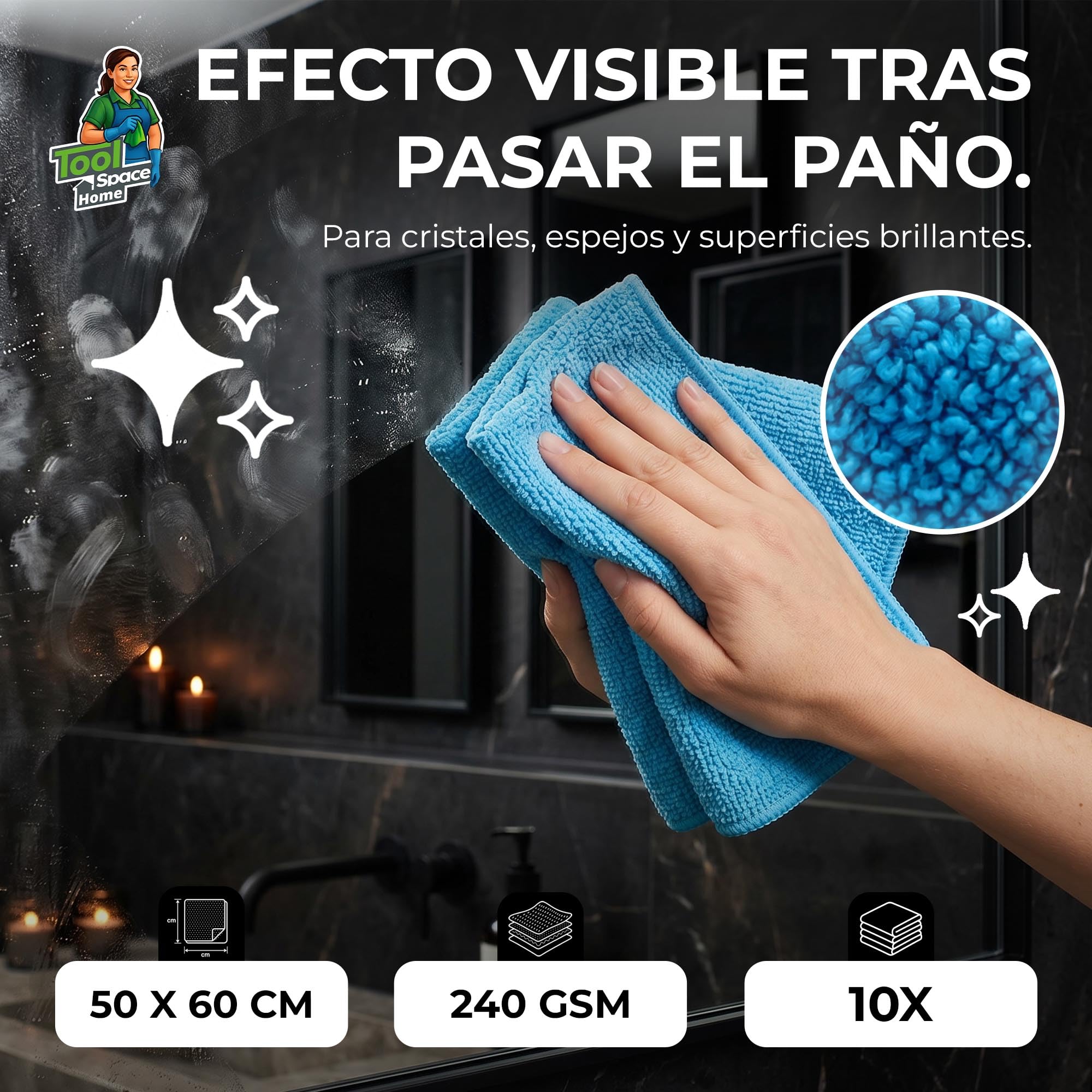 ToolSpace Paños Microfibra Universal 50x60 cm 10 Unidades Grandes para Cocina Baño Coche Cristales Espejos Muebles Suaves Absorbentes Reutilizables Sin Rayas Limpieza Hogar Multiusos
