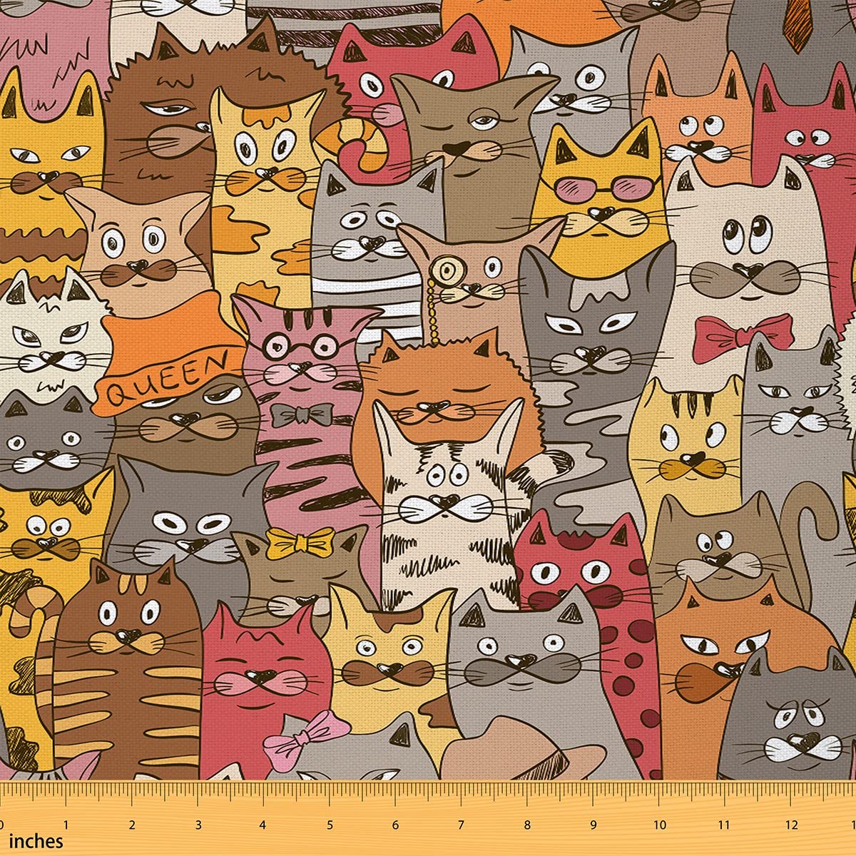 Cats Fabric by The Yard, Cartoon Cat Decorative Fabric, Domestic Pet Animals Upholstery Fabric for Chairs, Upholstery and Home Accents DIY Projects, 3 Yards, Cream Orange