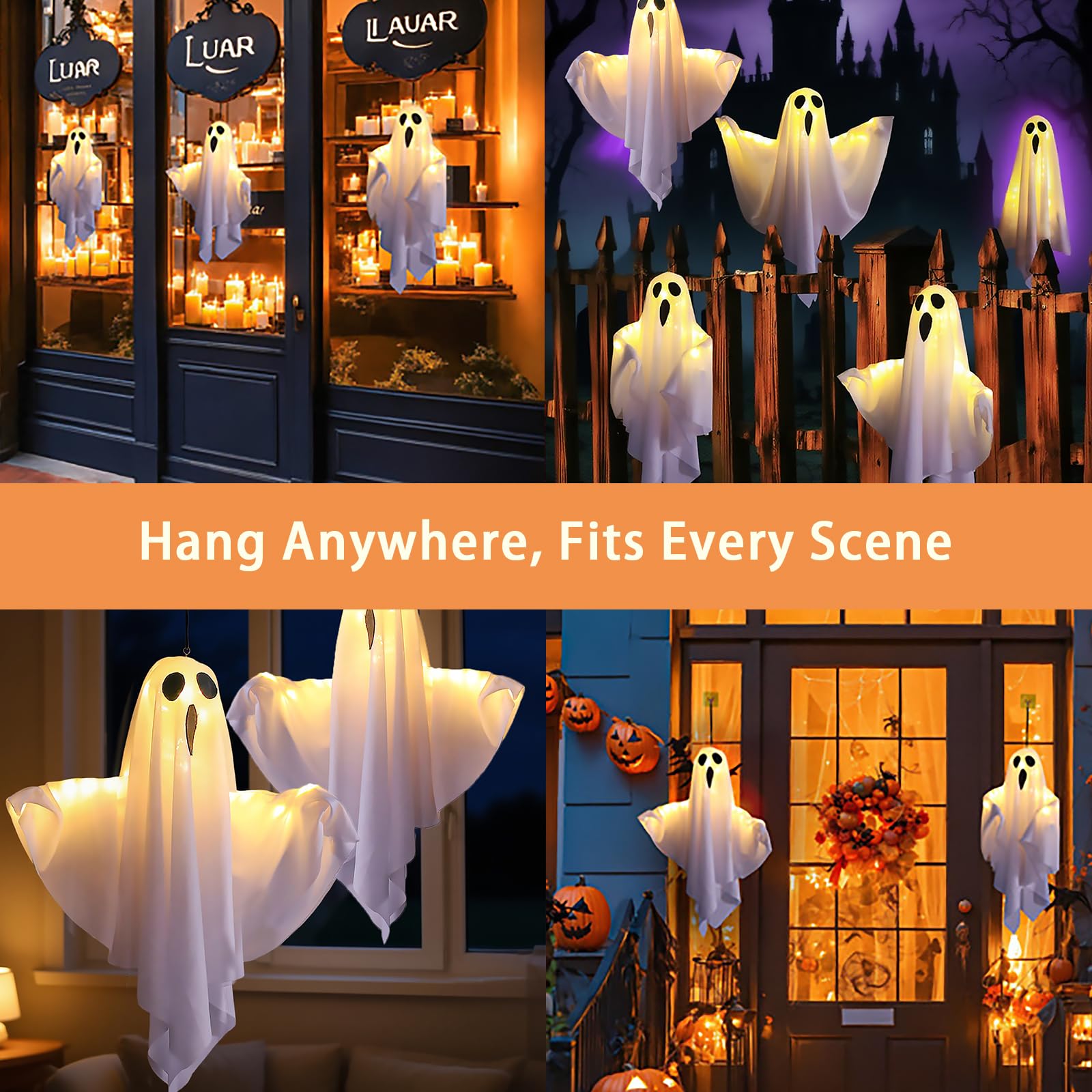 Decoración de Halloween con espíritus LED [Set de 2] - Saco de viento espeluznante móvil con 3 modos de luz LED, decoración para interiores y exteriores de jardín, ventanas, patio, porche