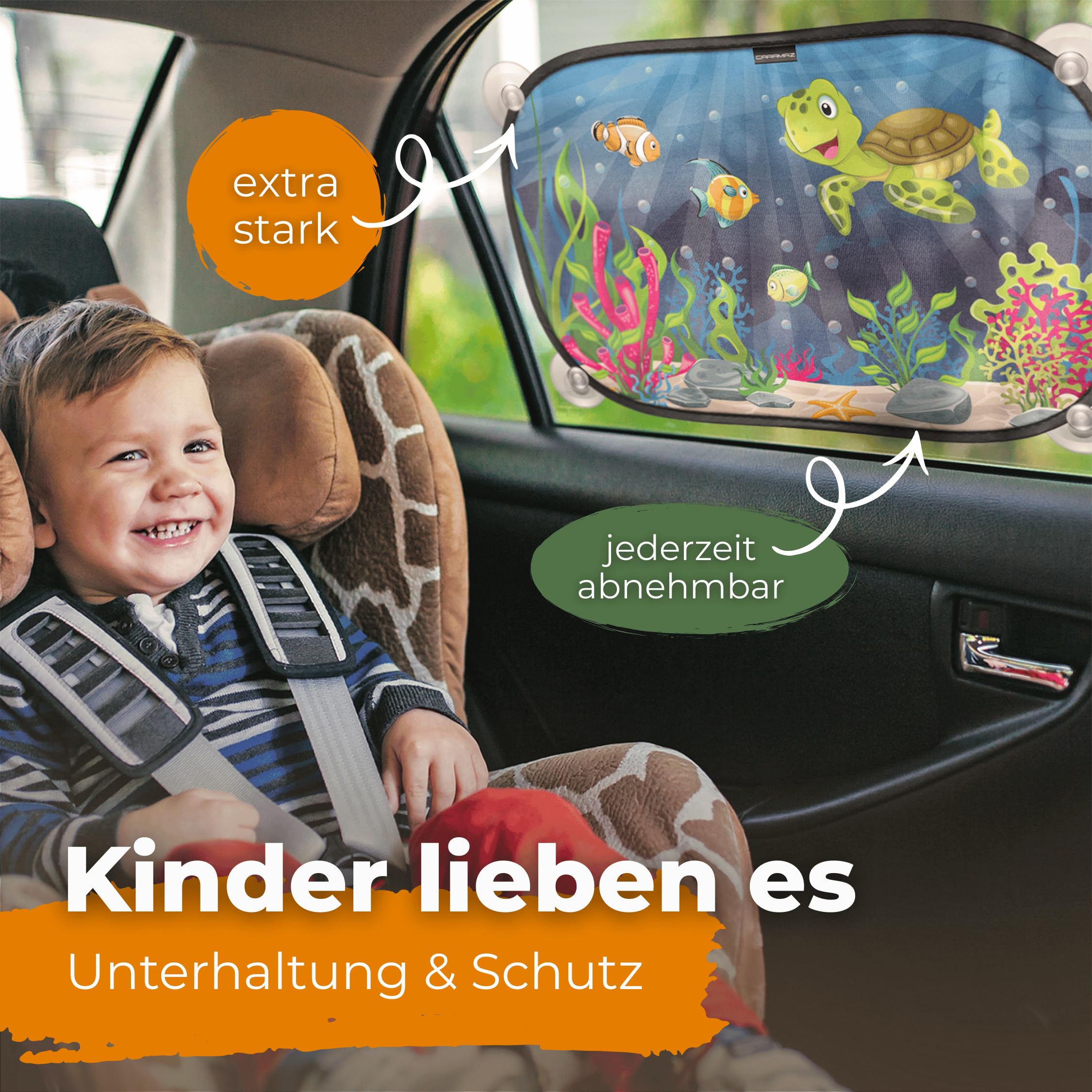 CARAMAZ Sonnenschutz Auto Baby mit zertifiziertem UV Schutz, universell passend 48 x 30 cm, 2 Stück Sonnenblende, mit Saugnäpfen, Motiv: Grün-Turtle - 2