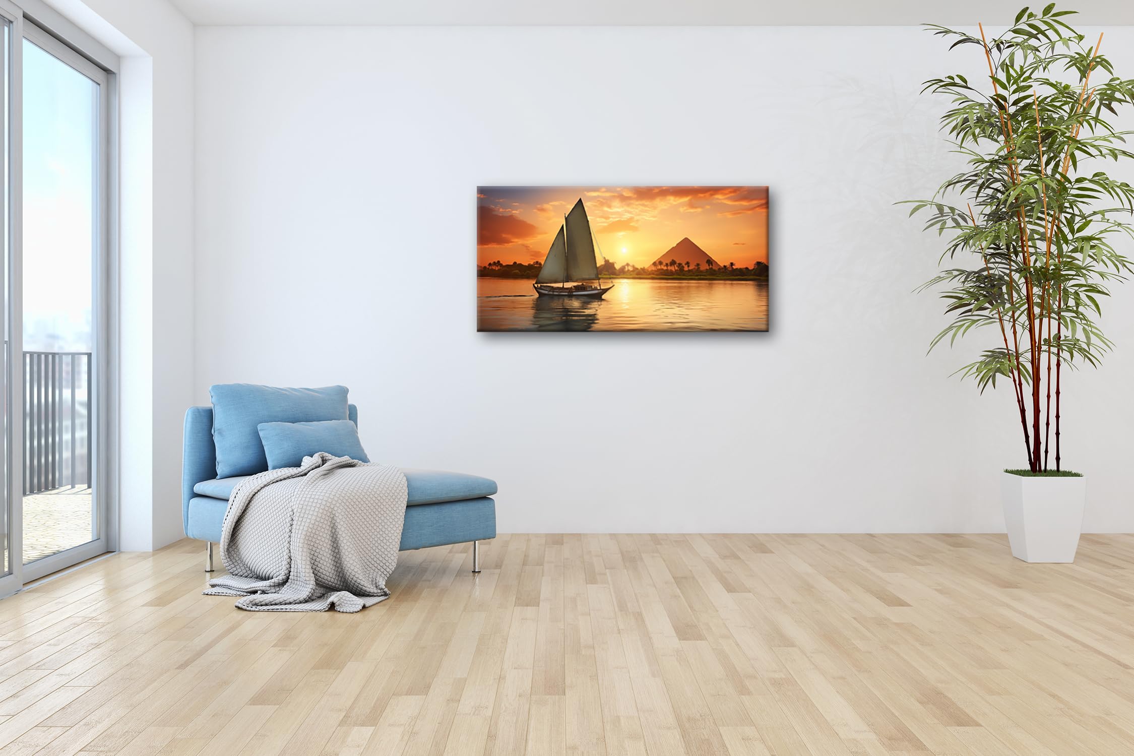 Leinwandbild Segeln bei Sonnenuntergang – Ägyptens Zauber am Nil Panorama 100x50cm XXL Kunstdruck Bild auf Keilrahmen/Wandbild/Wohnzimmer Dekoration