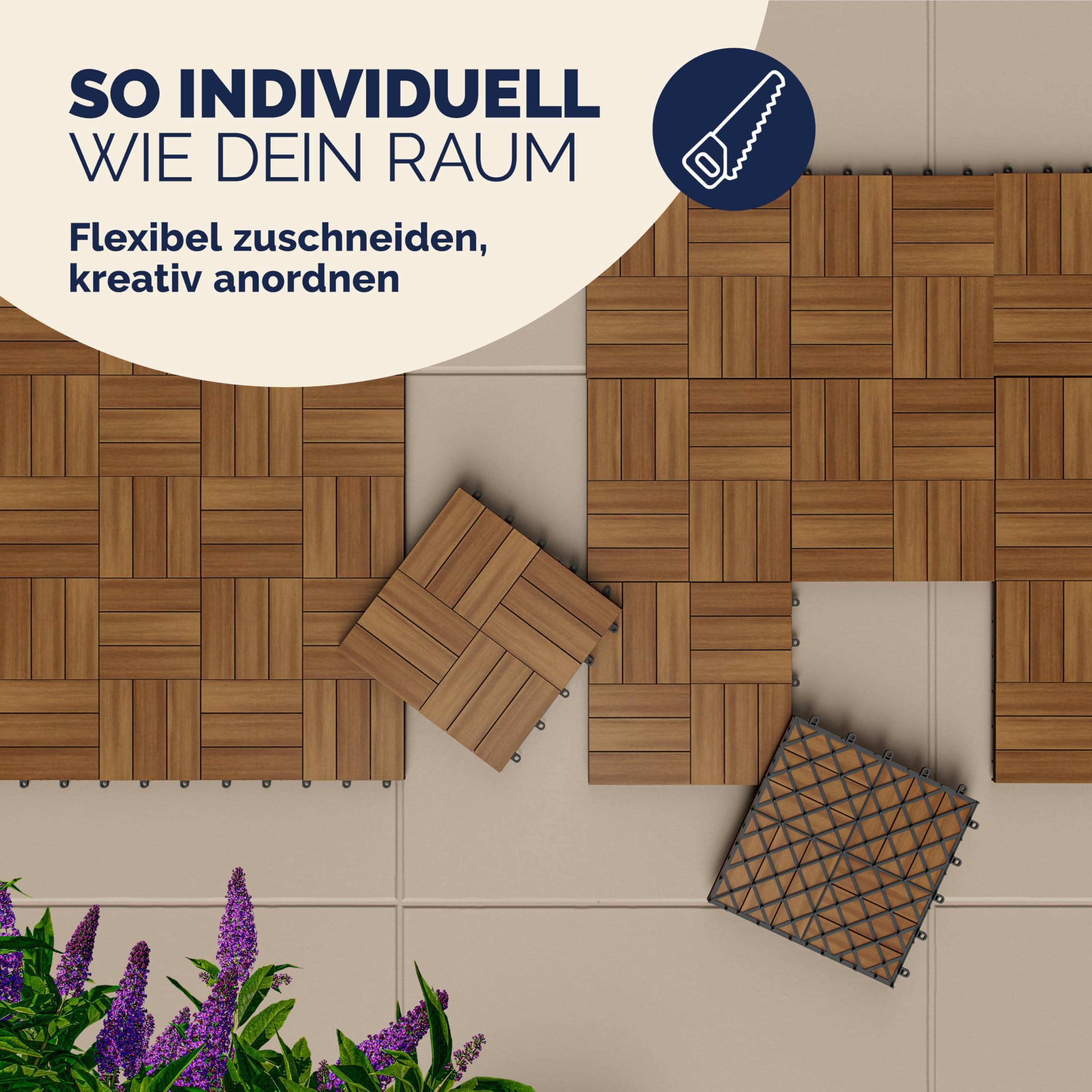 Casaria Piastrelle Legno Acacia 44pz Certificato FSC® Mattonelle 4m² ad Incastro 30x30cm Esterno Mosaico