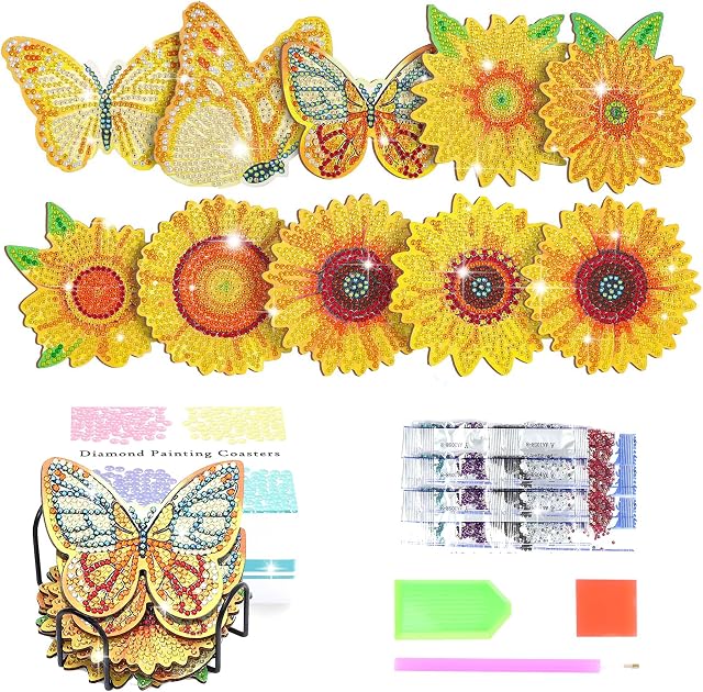 10 PCs Diamond Art Car Cup Coaster, Arts and Crafts for Adults Diamond Painting Kits, DIY Mandala Coasters for Crafts (Sunflower (10))