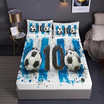 Soccer Ball Prints Fitted Sheet Set Hand-Drawn Sports Series Football Fans Bedding Set | with Fitted Sheet and 2 Pillowshams3pcs or Comforter4pcs A,Twin-3PCS