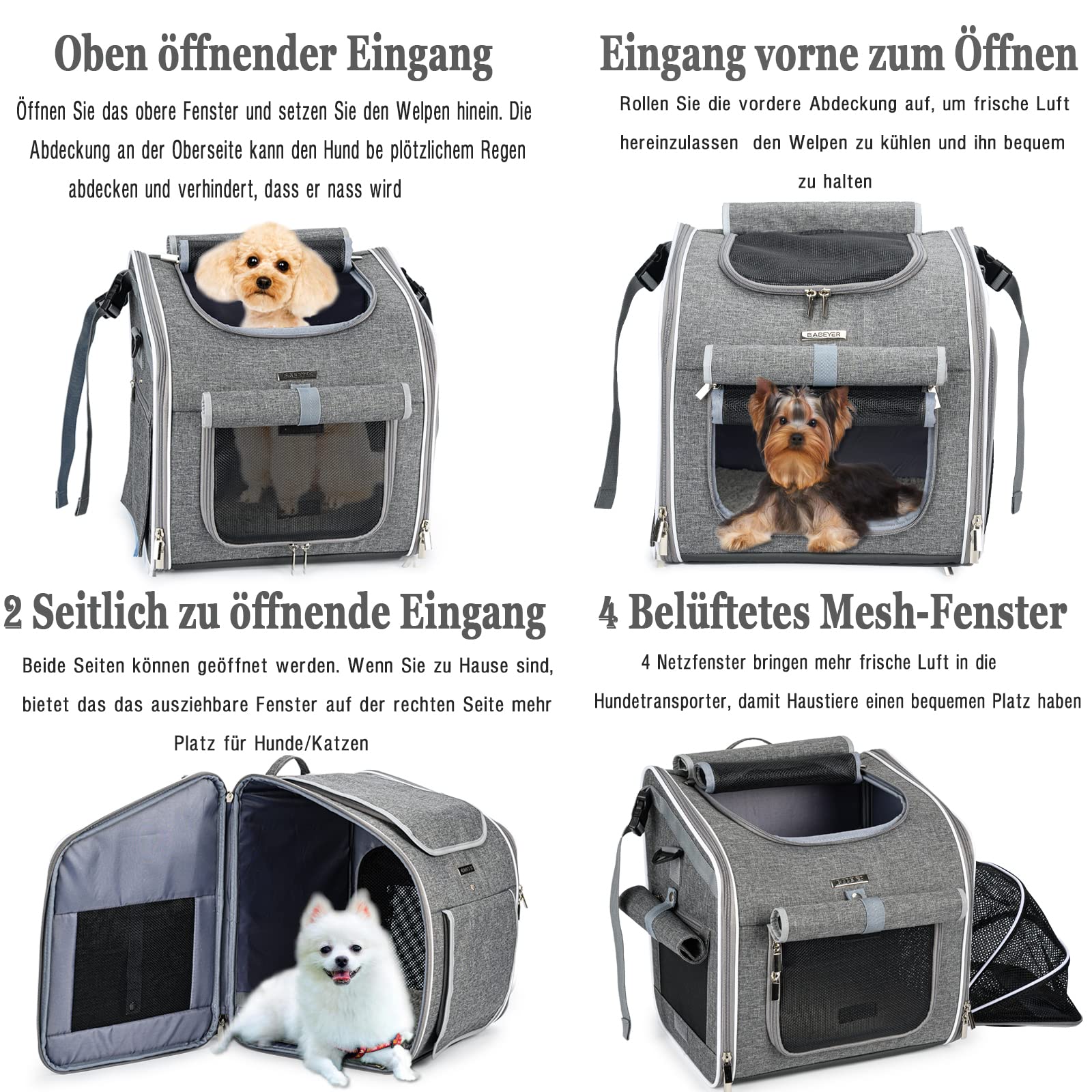 Cesta de bicicleta para perros, extensible, suave, con 4 puertas abiertas, 4 ventanas de malla para cachorros pequeños y gatos - gris