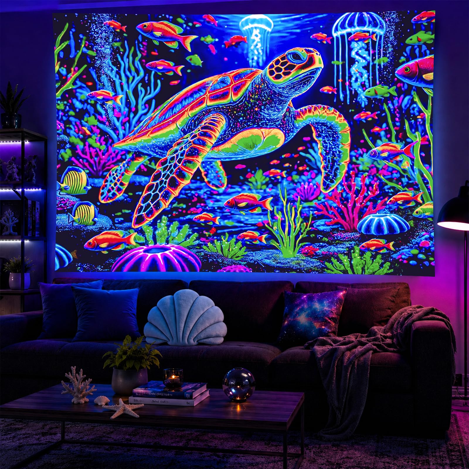 BlissYard Blacklight Ocean Turtle Tapestry UV Reactive Neon Sea Turtle Wall Tapestry Underwater Animal Seashell Coastal Nautical Trippy Marine Wildlife Tapestry for Living Bedroom 51" X 78"