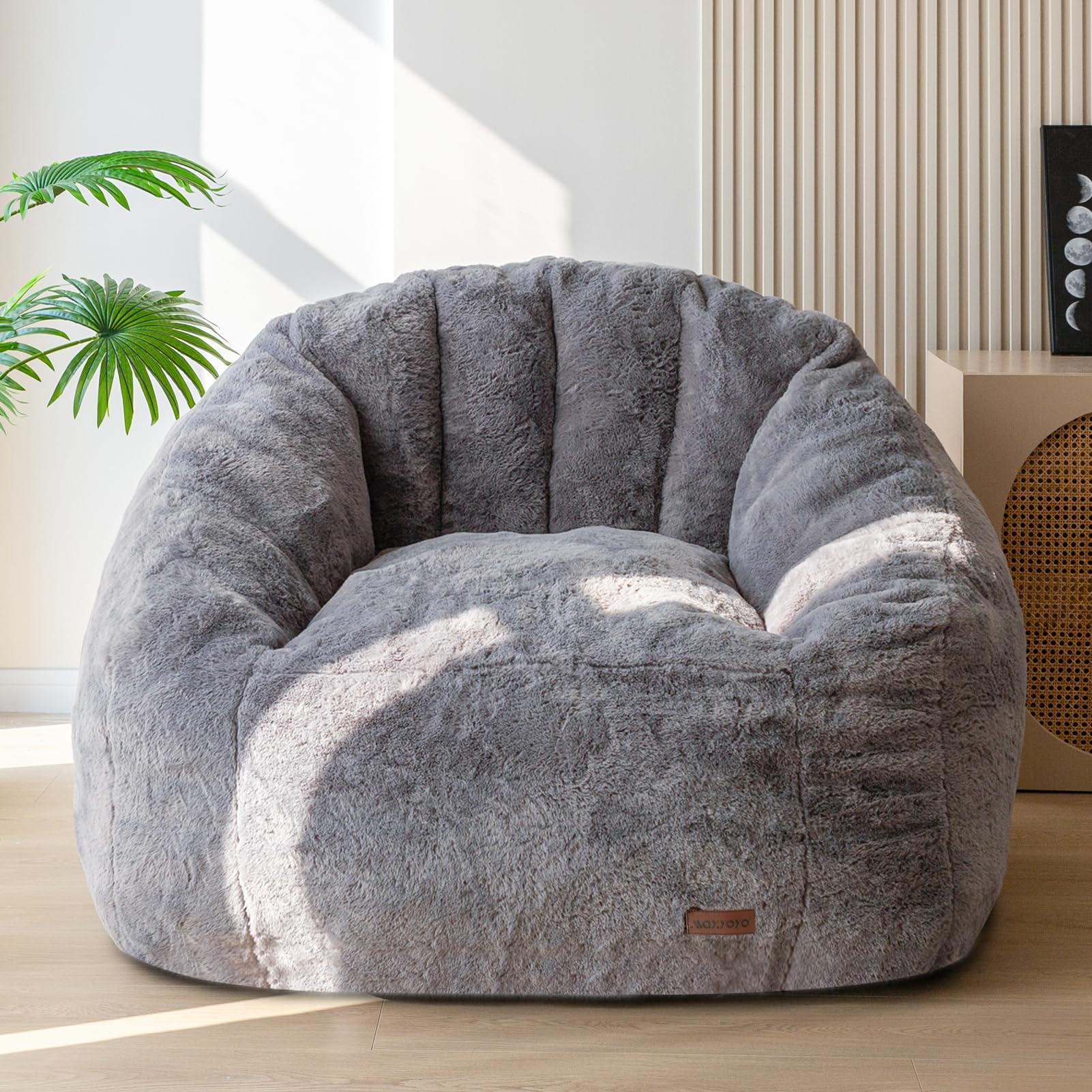 MAXYOYO Giant Bean Bag Chair, Oversized Bean Bag Couch for Adults and Kids, Faux Fur Shell-Shaped Large Chair with Filler, Stuffed Big Accent Sofa Lounge Floor Sofa for Gaming, Reading, Dark Grey