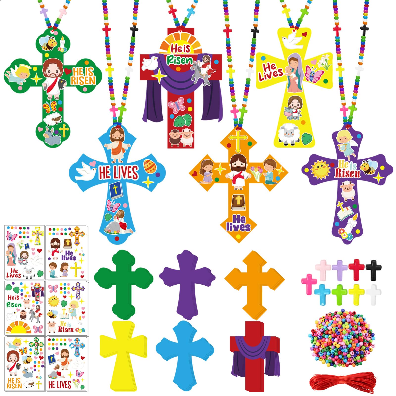 24 Sets Religious Cross Necklace Craft Kit,DIY Easter Crafts with Paper Crosses and Beads Christian Bible Sunday School Activity Church Party Favors VBS Gift and Classroom Prizes
