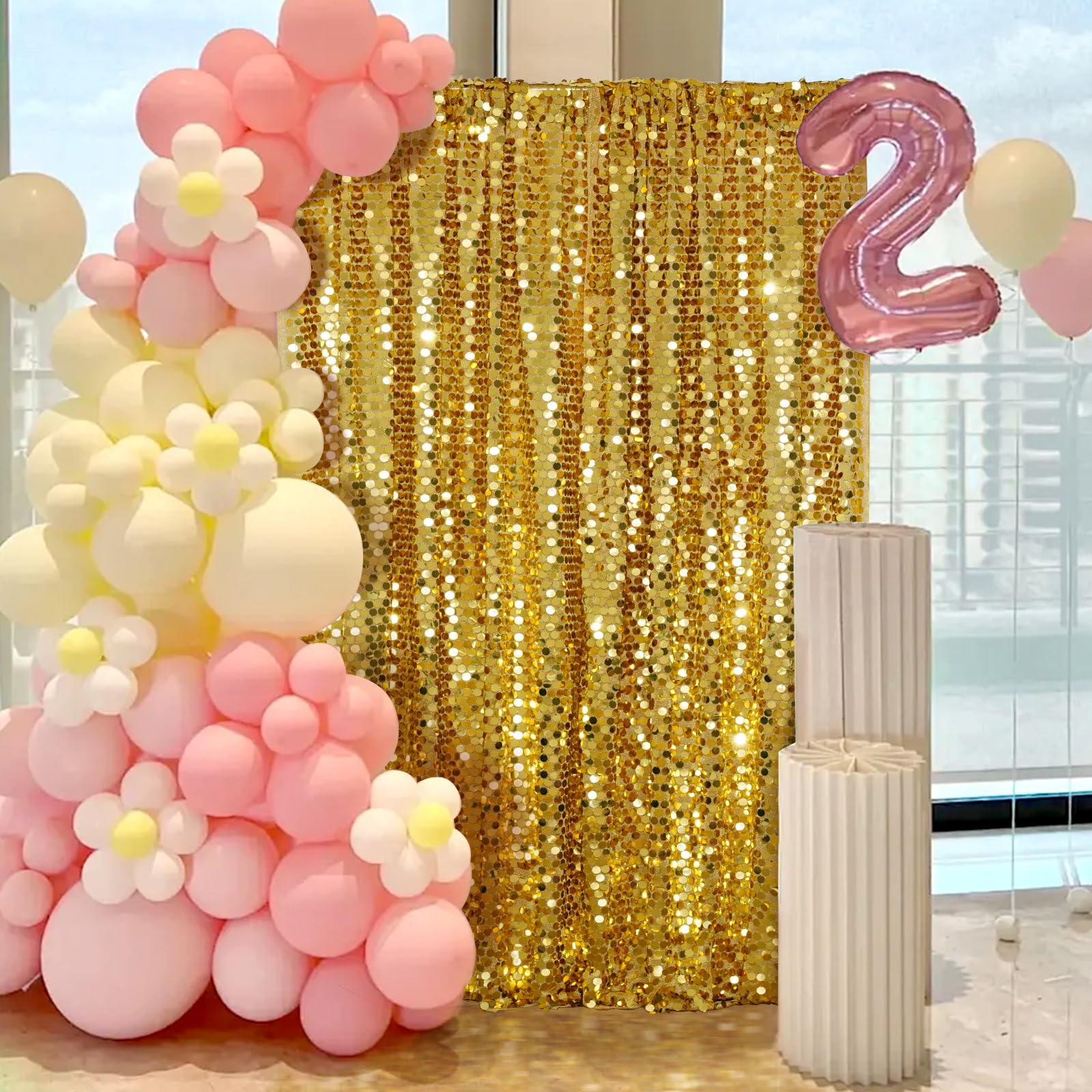 PartyDelight Telón de fondo de pared con lentejuelas doradas, paneles brillantes para fotografía, accesorios de fotografía de 4 x 7 pies, para decoración de cumpleaños, boda, fiesta