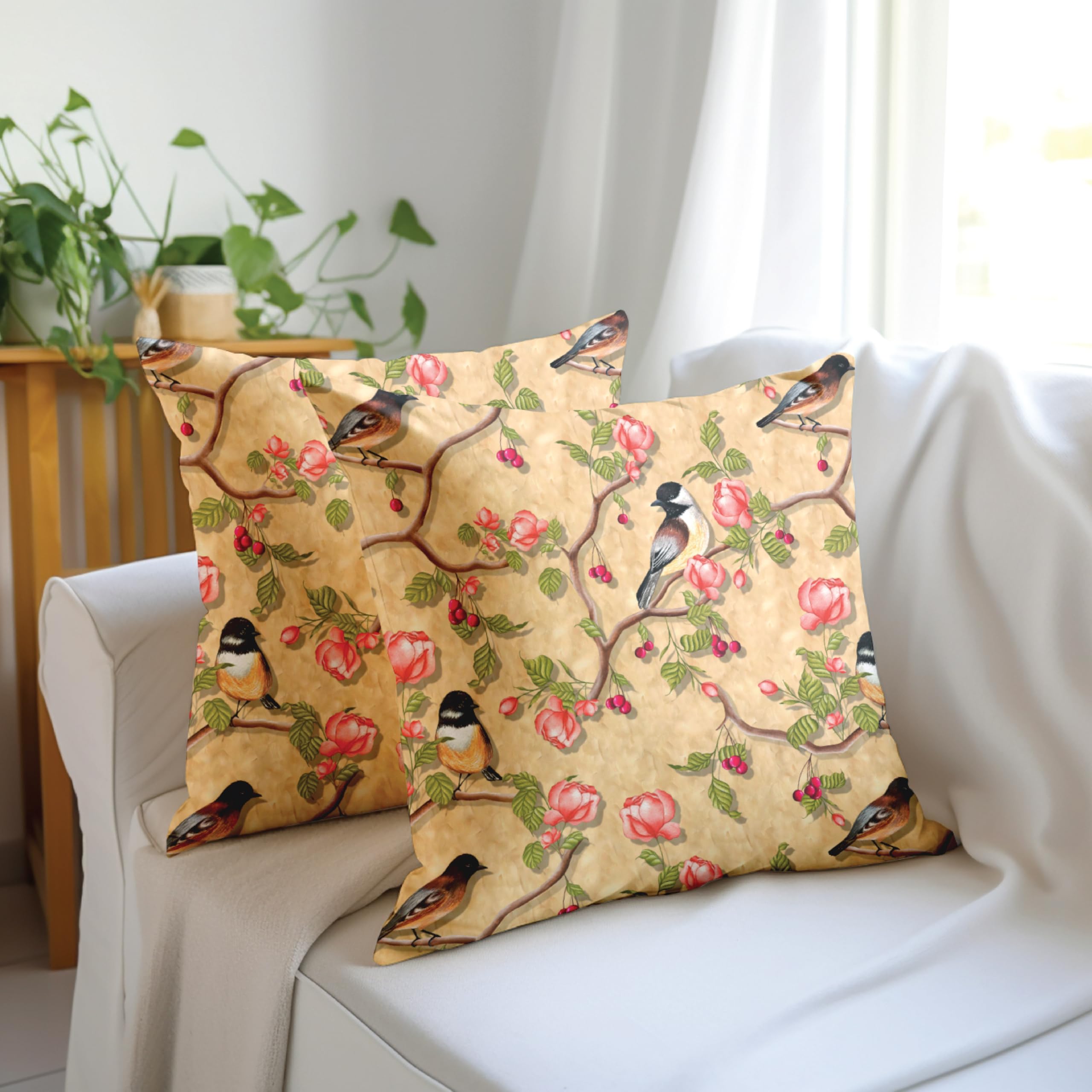 Encasa XO Decorative Throw Pillow Covers 16x16 in - Polyester Floral Digital Print Pale Gold Birds, 40 x 40 cm (Pack of 2)