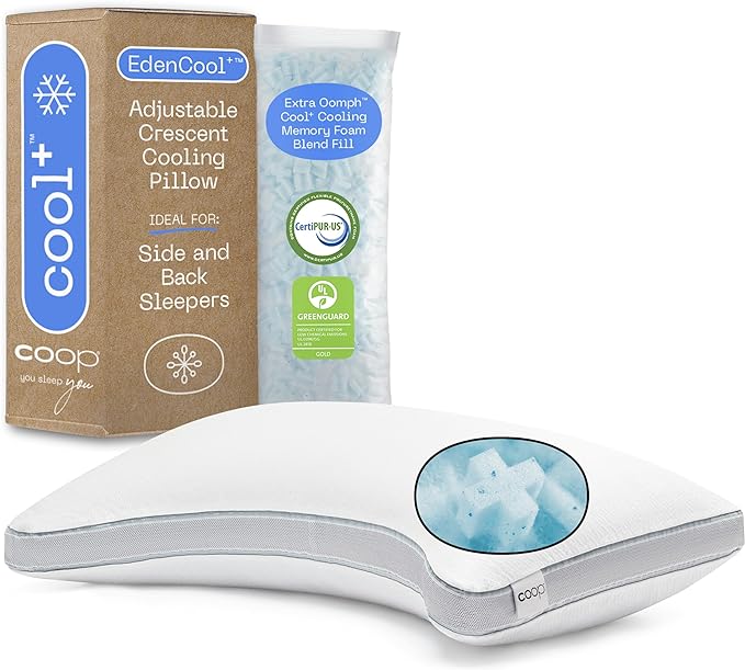 Coop Home Goods Cool+ Crescent Adjustable Pillow, Queen Size Plus Shaped Memory Foam Pillows with Cooling Gel, Neck Support, Back or Side Sleeper Pillow, CertiPUR US/GREENGUARD Gold