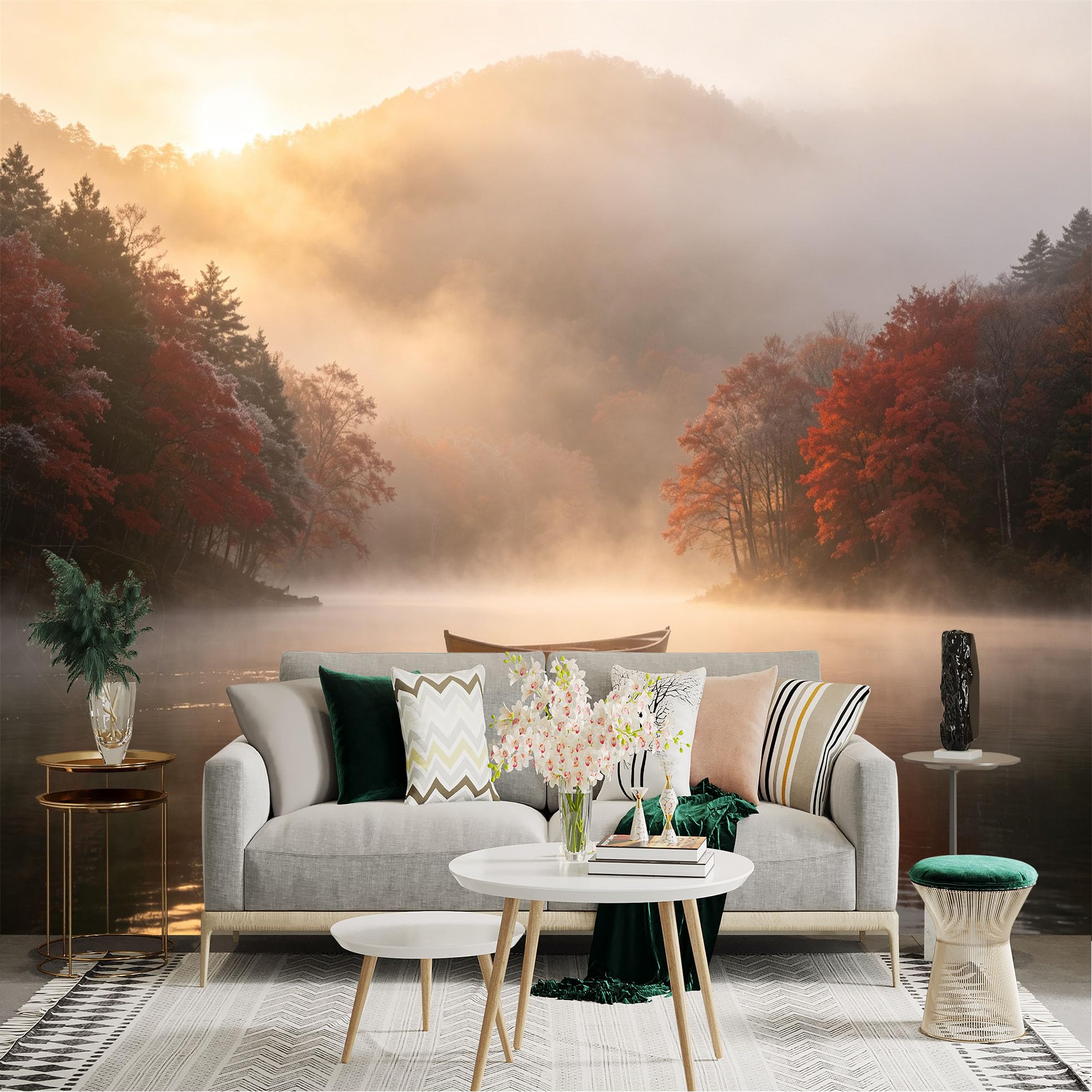 Custom Size Wall Sticker Mural， Serene Lake with Rowboat， Autumn Forest in Mist， Golden Morning Sun， Landscape Nature View， for wall Decoration， peelandstick wall Decals.