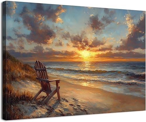 Arte abstracto de pared de playa, puesta de sol, paisaje costero, decoración de pared, silla de playa, paisaje marino, ondas, lienzo, pintura de