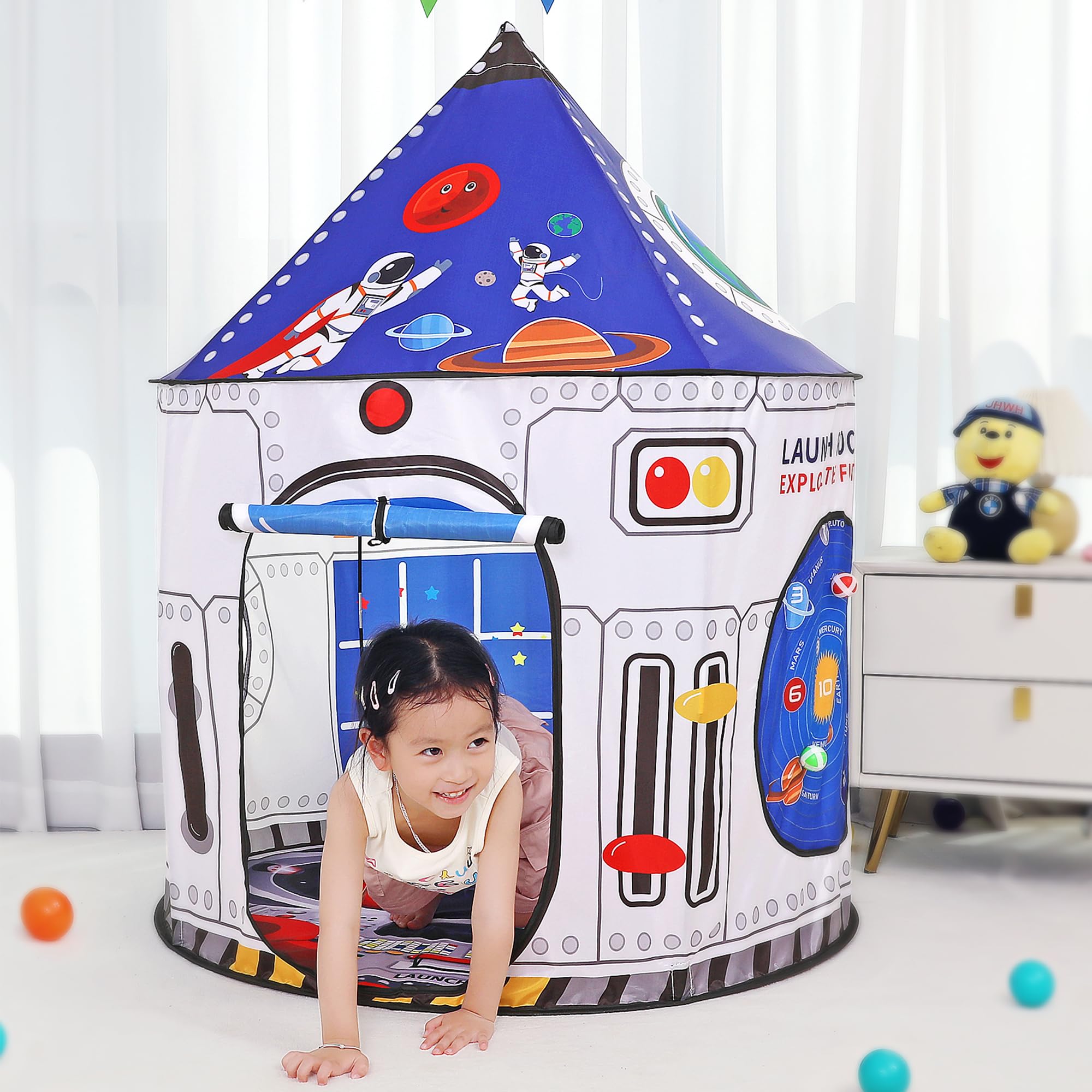Rockets Kids Play Tent for Indoor Outdoor Astronauts Spaceship Play Tent Kids Playhouse Pop Up Tent Children House Rocket Planets Space Castle Playhouse for Boys & Girls Birthday Gift