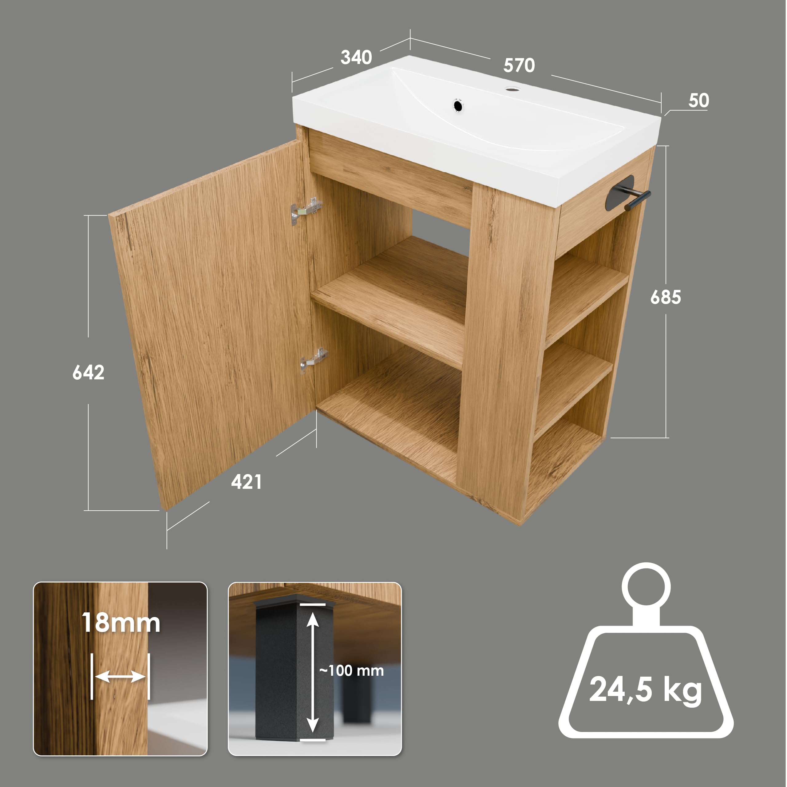 Mobile base con lavabo SEVA, 57 cm di larghezza, Set di mobili da bagno per bagno e WC ospiti, Lavabo in piedi o sospeso, Mobiletto con portarotolo - Rovere Lancillotto