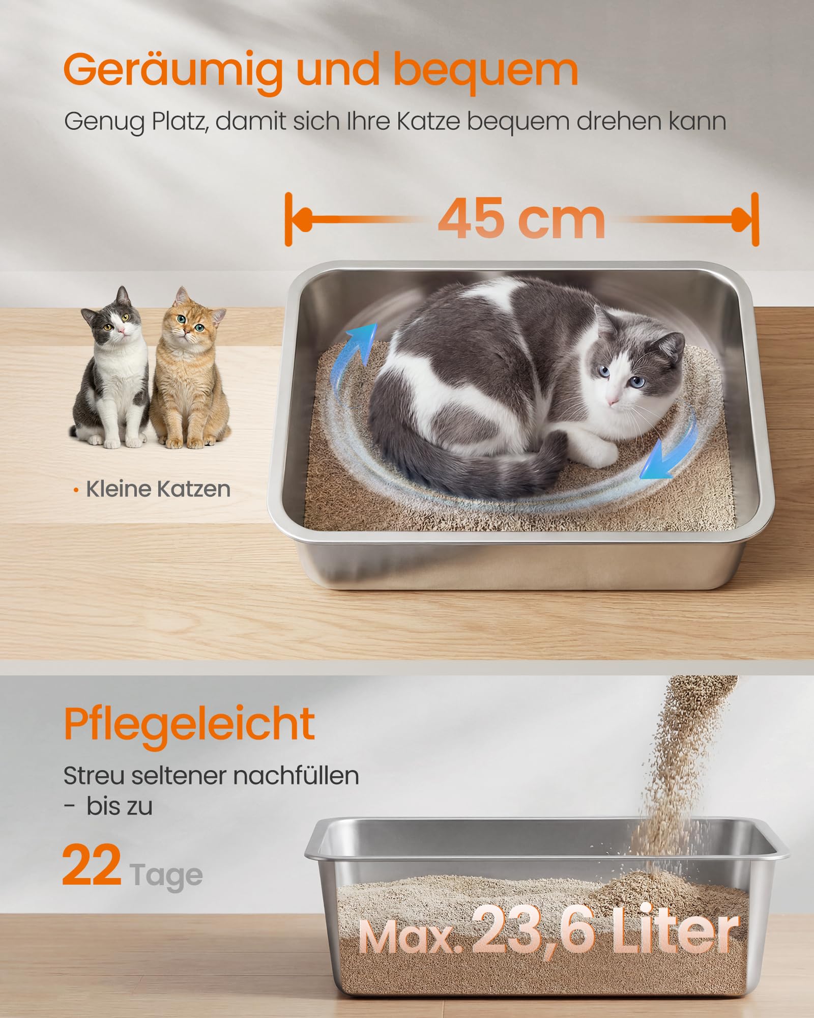 Feandrea Katzenklo Edelstahl, Katzentoilette offen, mit Schaufel, antihaftbeschichtet, geruchsfrei, leicht zu reinigen, M, 45 x 35 x 15 cm, für Kätzchen und kleine Katzen PPT014E101