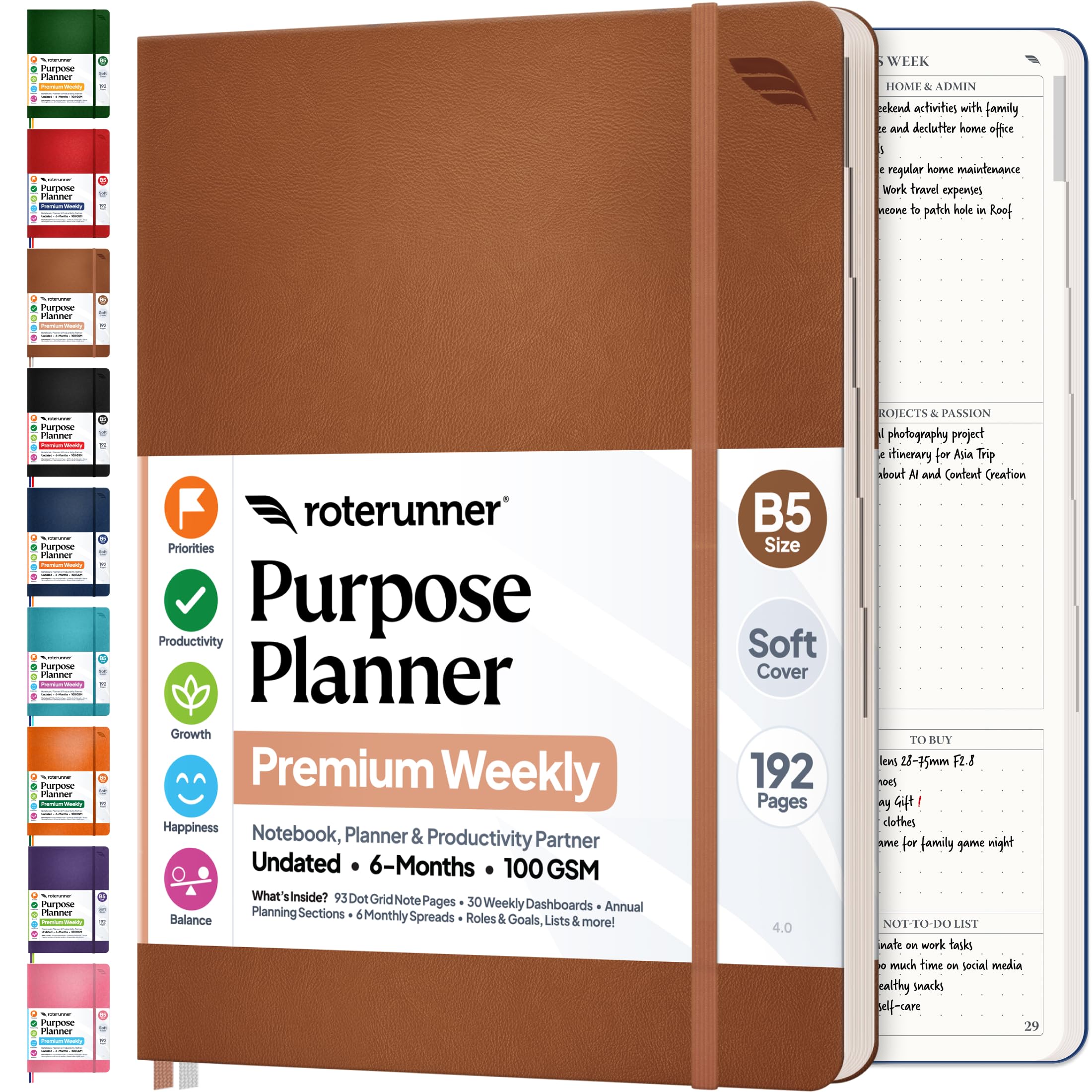 Roterunner Purpose Planner Notebook B5 7.5”x9.8” Undated 2026 Daily Weekly and Monthly Productivity Goal Setting Tool for Work Home ADHD Planner for Adults Self Care Journal