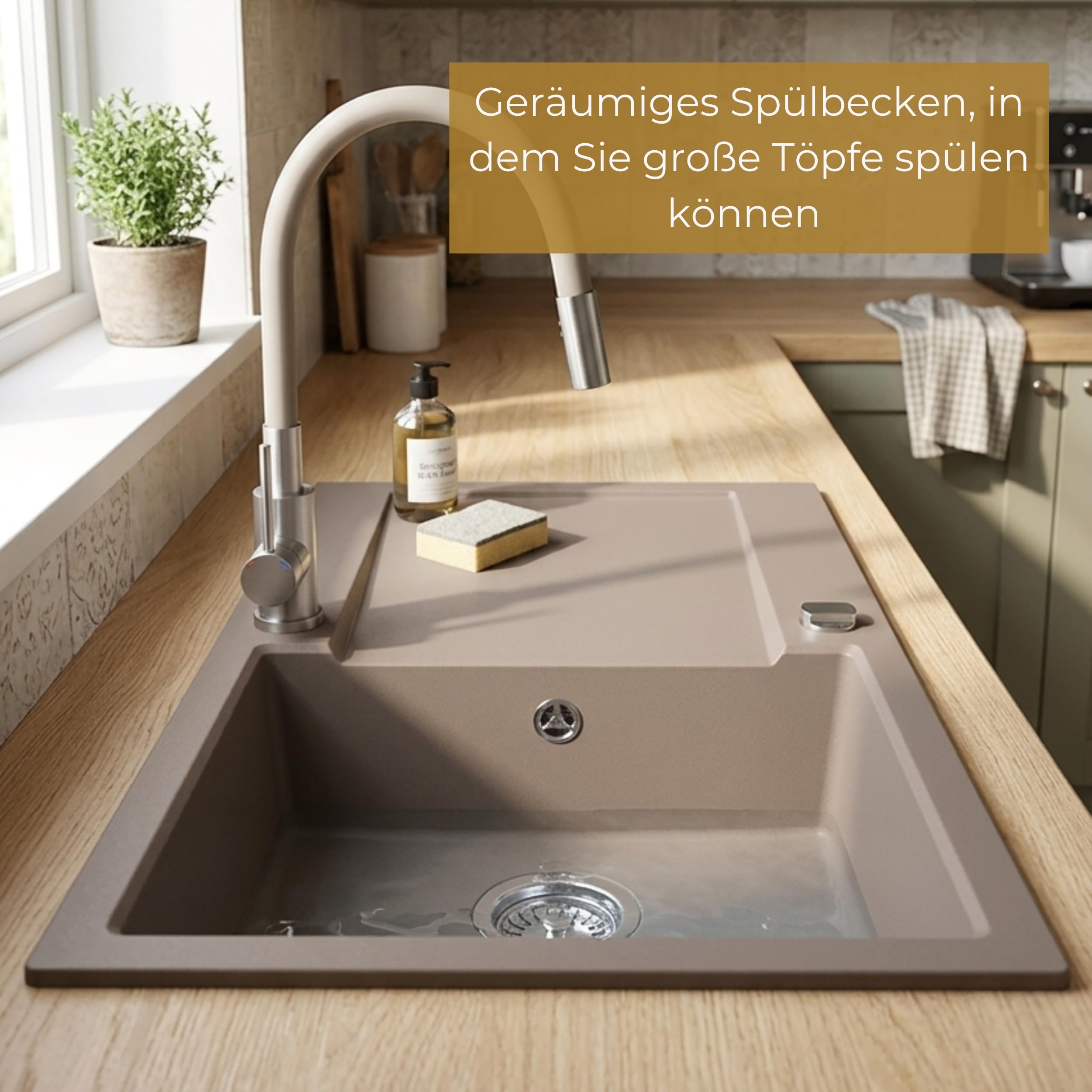 SINK Quality zlewozmywak kuchenny z ociekaczem – zlewozmywak beżowy 79 x 50 cm – w zestawie syfon i środki impregnujące – zlewozmywak do zabudowy z granitu do szafki pod umywalkę 50