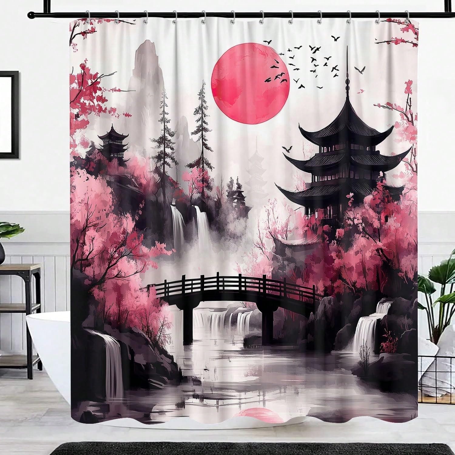 GLKSDLPO Japanese Shower Curtain Mountain Sun Asian Oriental Abstract Ink Art Shower Curtain(180x200cm/71x79in(WxH)