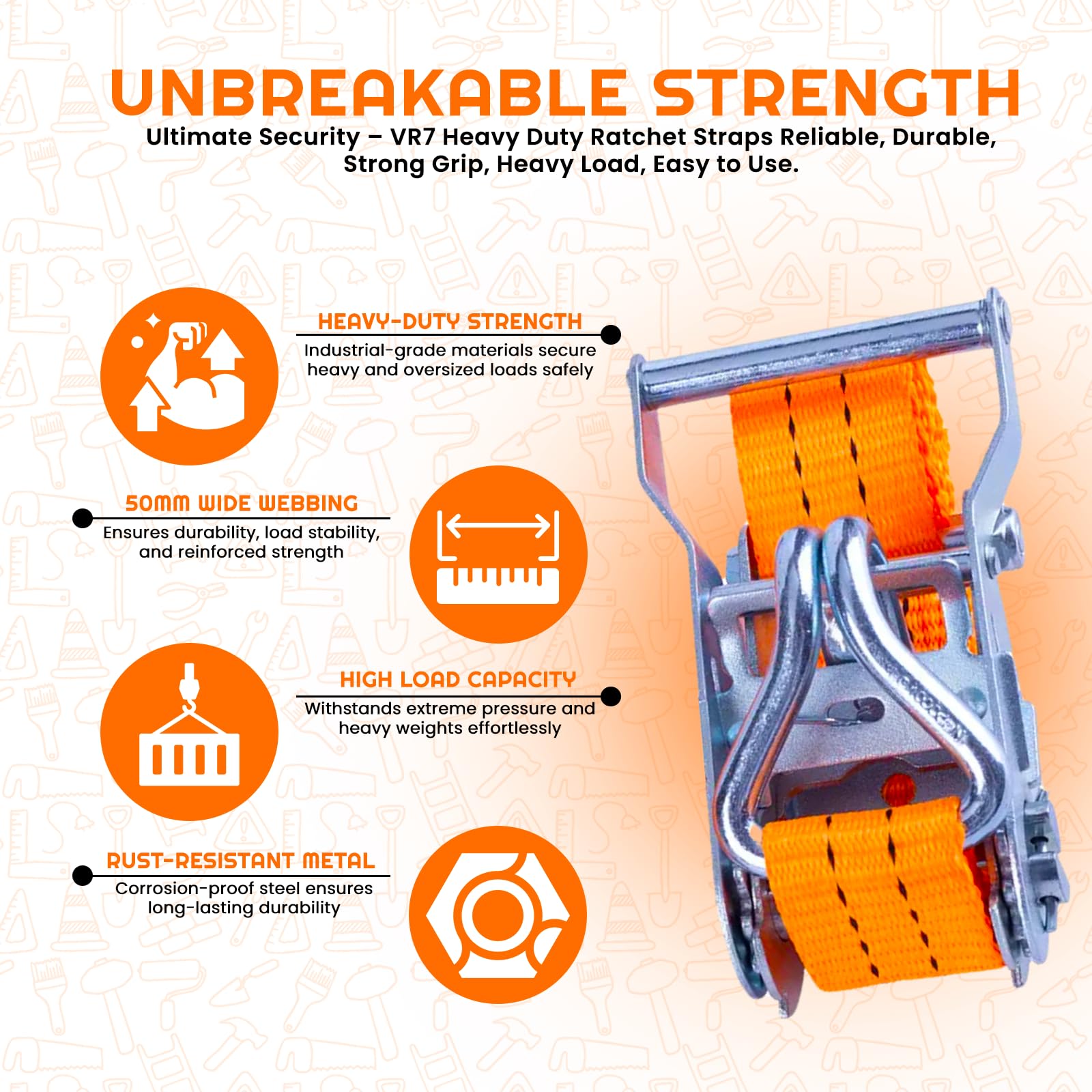 VR7 - Set di 2 cinghie a cricchetto resistenti, 10 m x 50 mm, 5 tonnellate