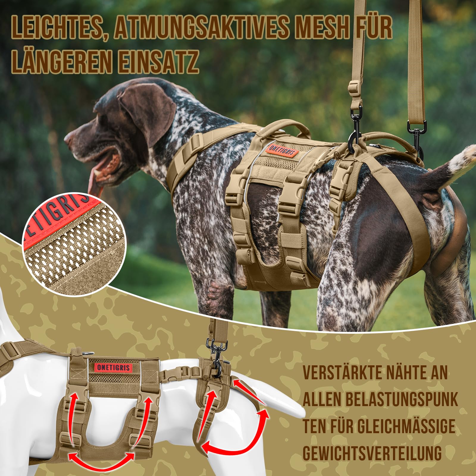 OneTigris Pettorina per cani, SKYEWALKER Supporto Imbracatura regolabile con 2 manici per supporto e riabilitazione, adatta per cani di taglia media e grande, marrone, M