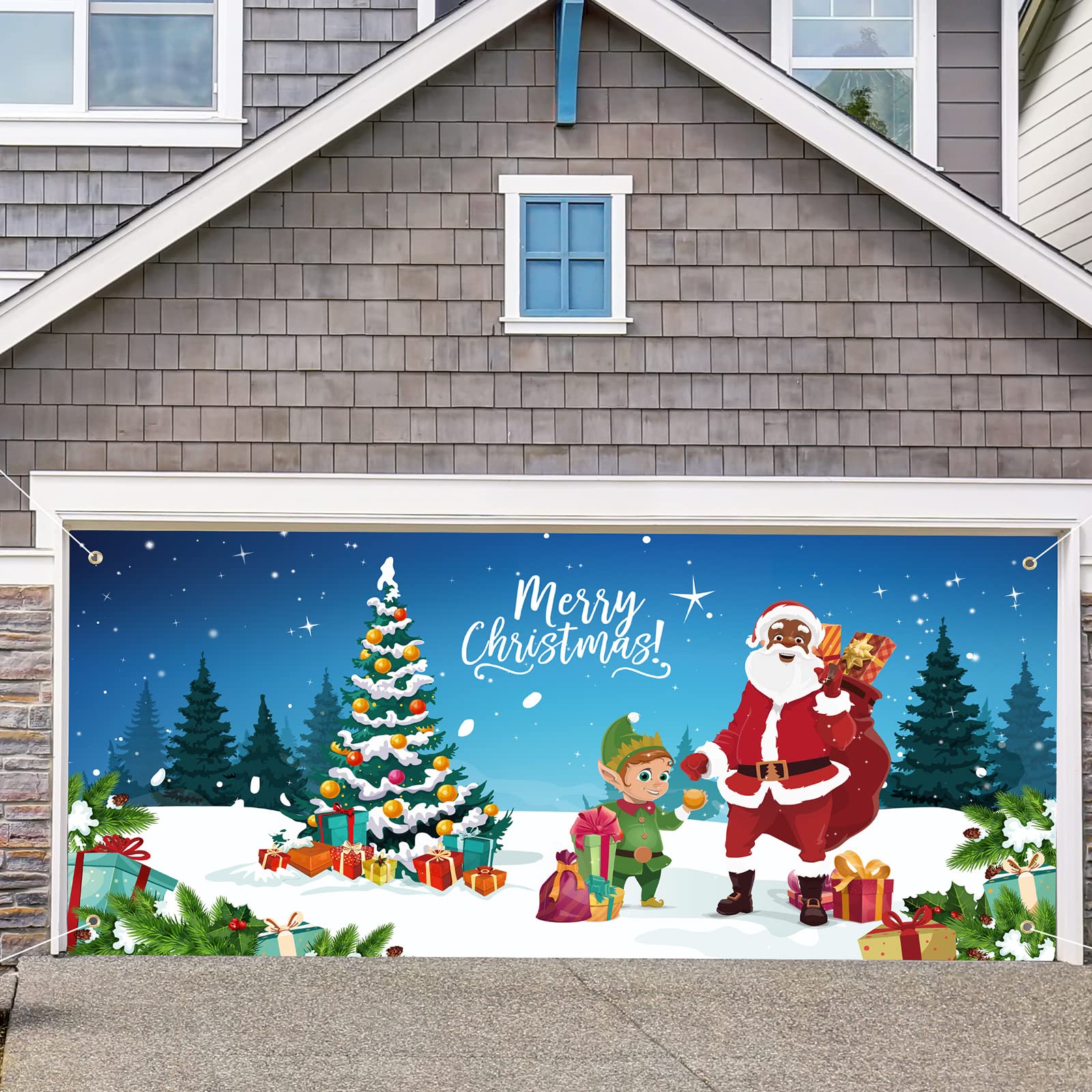 Moukeren Christmas Banner Garage Door Decorations Christmas Backdrop Decoration Winter Large Door Cover Decoration Indoor Outdoor for Christmas Holiday Party Supplies, 6 x 13 ft (Black Santa Claus)