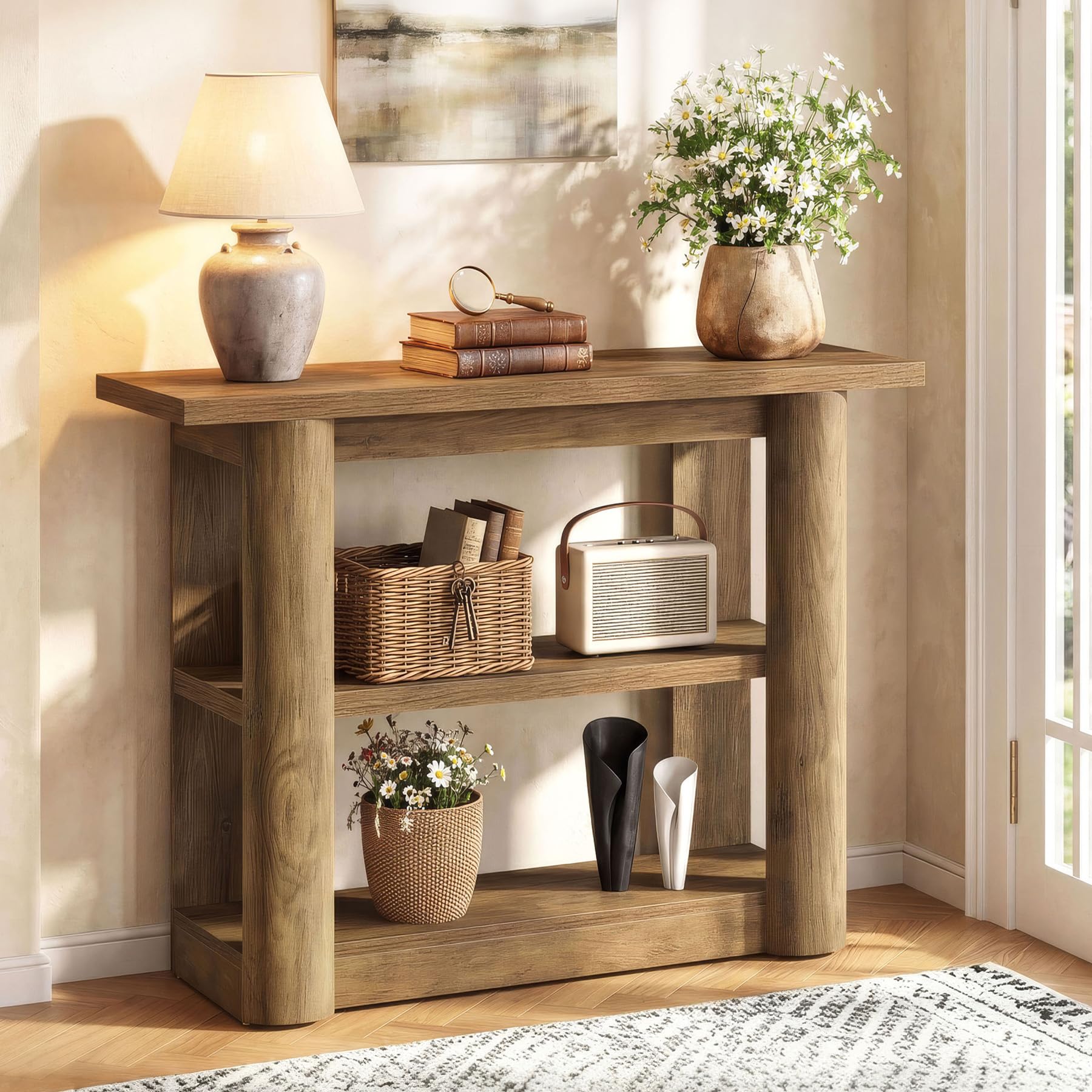 Tribesigns Konsolentisch 105cm schmal, Vintage Landhaus Flurtisch mit 3 Ebenen, Industriedesign Ablagetisch für Flur, Wohnzimmer & Eingangsbereich, platzsparender Sofatisch, Braun
