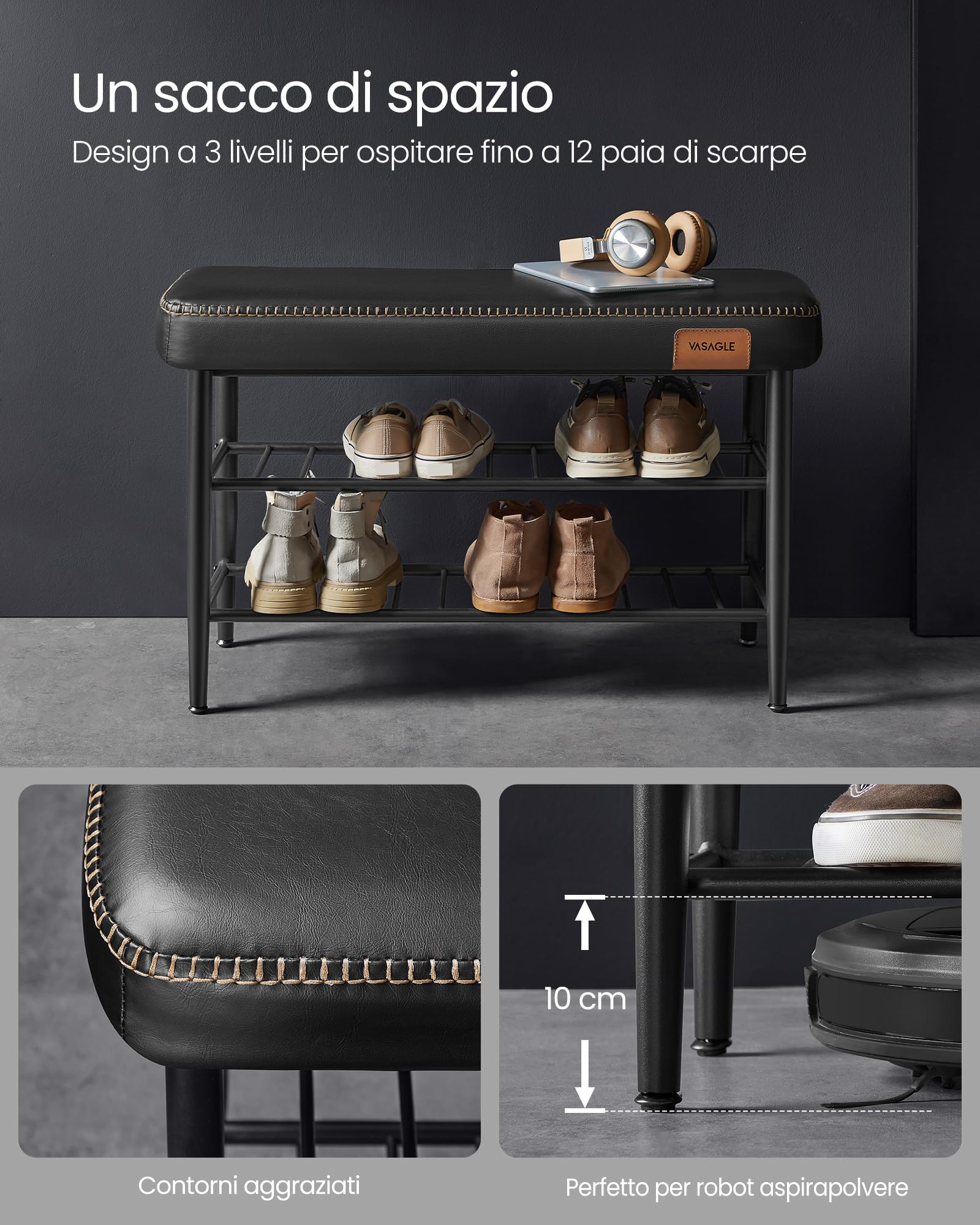 VASAGLE EKHO Collezione - Panca Scarpiera, Panca da Ingresso e Camera da Letto, Rivestimento in PU con Cuciture, Moderno di MetàSecolo, Portata 135 kg, 30 x 80 x 50 cm, Nero Inchiostro LSB054B01