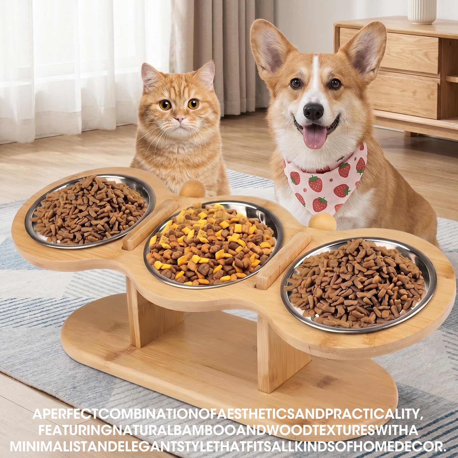 Surélevée Bol Chat Gamelle Chat avec 3 Bols en Acier Inoxydable, Hauteur Réglable–Support pour Eau et Nourriture Adaptée Aux Chats Et Petits Chiens