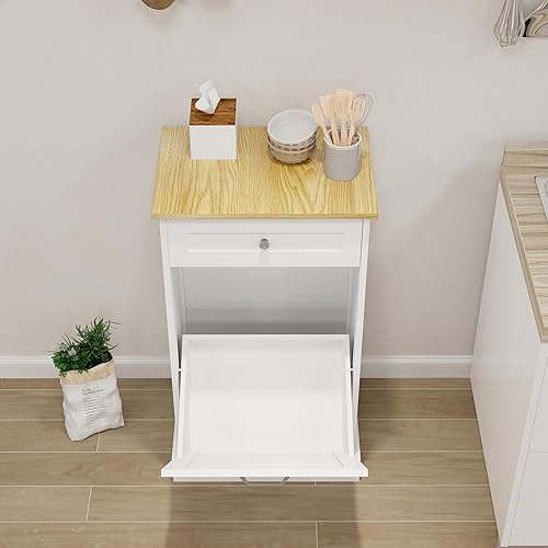 Miniatura 8 de SSLine Armario de basura de madera para cocina, armario de basura independiente con soporte para bote de basura inclinado y cajón de almacenamiento,